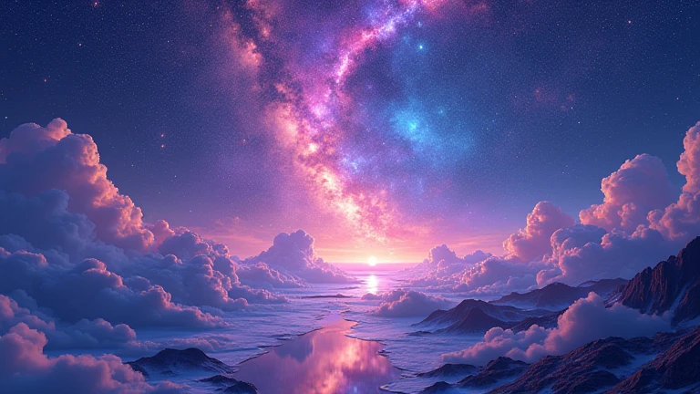 A stunning 3D-rendered scene featuring a magical dreamland, ethereal trails across a vibrant, otherworldly night sky. The composition is hyper-detailed and visually striking, evoking a sense of awe and magic. The design is reminiscent of award-winning art, with exaggerated caricature elements adding charm and a "wow" factor to the breathtaking celestial landscape.
