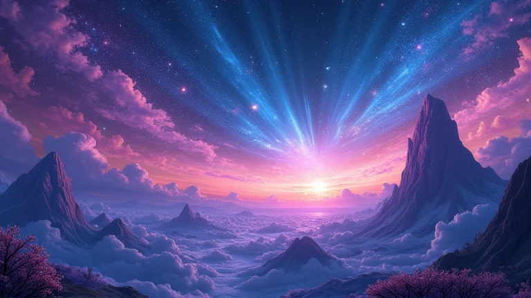 A stunning 3D-rendered scene featuring a magical dreamland, ethereal trails across a vibrant, otherworldly night sky. The composition is hyper-detailed and visually striking, evoking a sense of awe and magic. The design is reminiscent of award-winning art, with exaggerated caricature elements adding charm and a "wow" factor to the breathtaking celestial landscape.