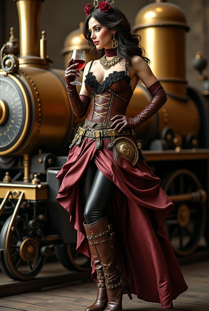 steampunk beauty on rollerskates in a very messy party scene, many people in the background, dancers, drinkers, talkers