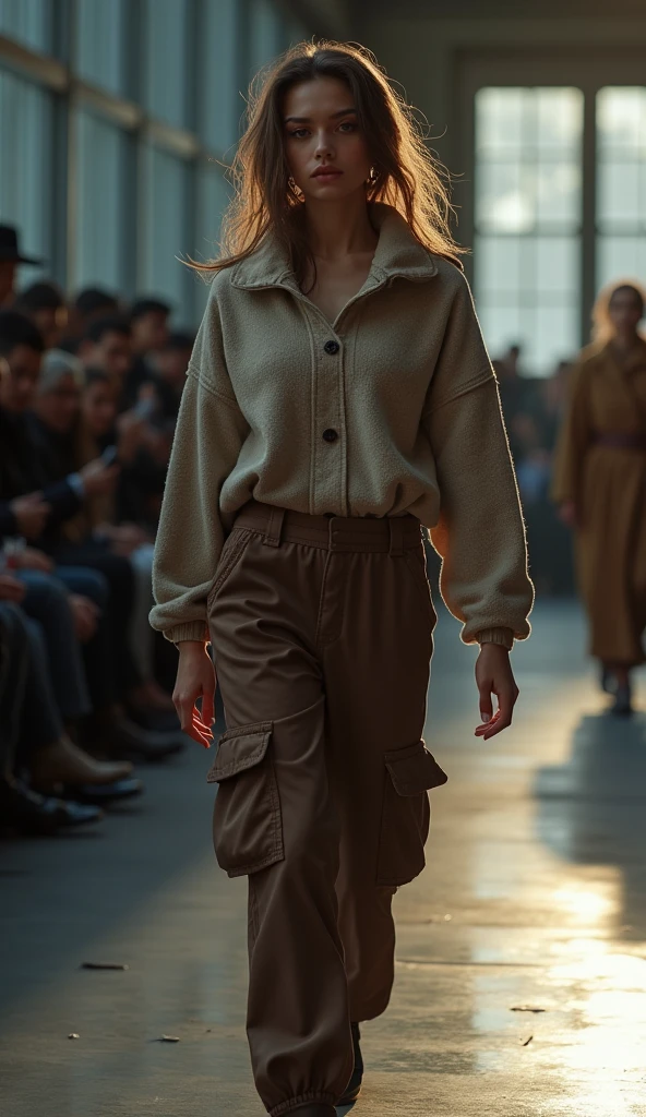 A photo of one (fashion catwalk model:1.3), (gray knit sweater:1.2), amidst a blur of audience, (fierce gaze:1.1), striking posture, high fashion atmosphere, reflective textures, minimalist earrings, (confidence on the catwalk:1.1), (soft natural makeup:1.1), subtle spotlight, Nikon Z 9, 1/0s, f/2.8, ISO 100, (Sharp focus in the foreground:1.2), nblurry background, Captura RAW, monochromatic color scheme with a hint of skin tone, professional fashion photography
