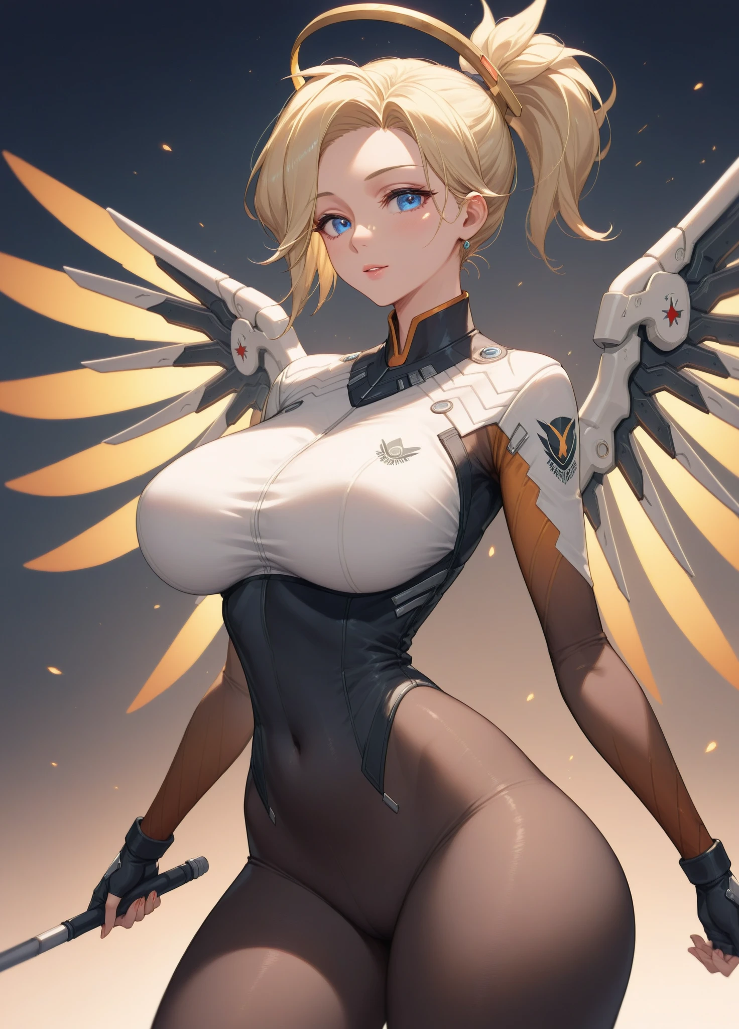 4k, masterpiece, high resolution, Overwatch art style, Mercy, 1 girl, ((bimbo))), short blond hair, blue eyes, thick lips, erotic smile face, wide hips, thick thighs, thick, enormous huge breast, huge round ass, oily shiny skin, white suit, revealing cleavage, legs posing