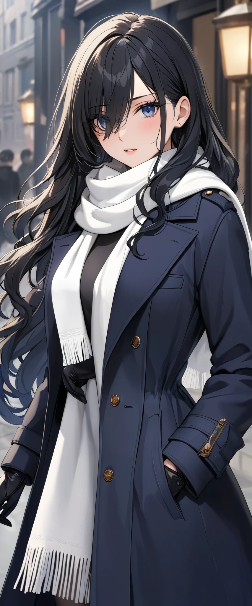 (((Best quality, 8k, Masterpiece: 1.3)), ((best quality)), Sharp focus A beautiful woman with perfect body, Highly detailed face and skin texture, (Detailed eyes), White scarf, navy blue wool long coat, Long wavy black hair, The hair on the right side is long enough to cover the right eye, The left side of the hair is tucked behind the left ear, She is wearing black leather gloves and has her left hand in her coat pocket,