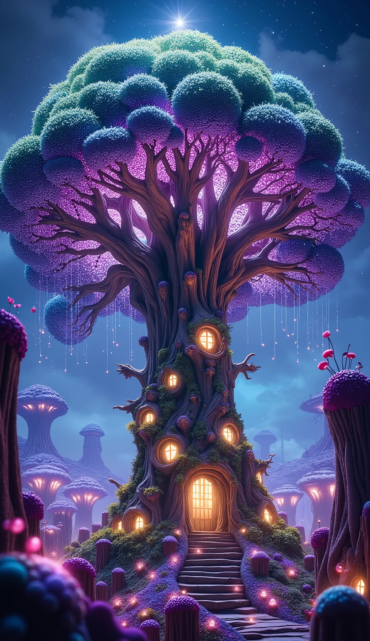 Land of Magical Dreams , detailed enchanted tree of high quality , High resolution 8K , high saturation containing a magical kingdom, colorful, illustration , idyllic, from a fairytale , adorable, surrounded by bioluminescent fungi, stalagmites , creepy