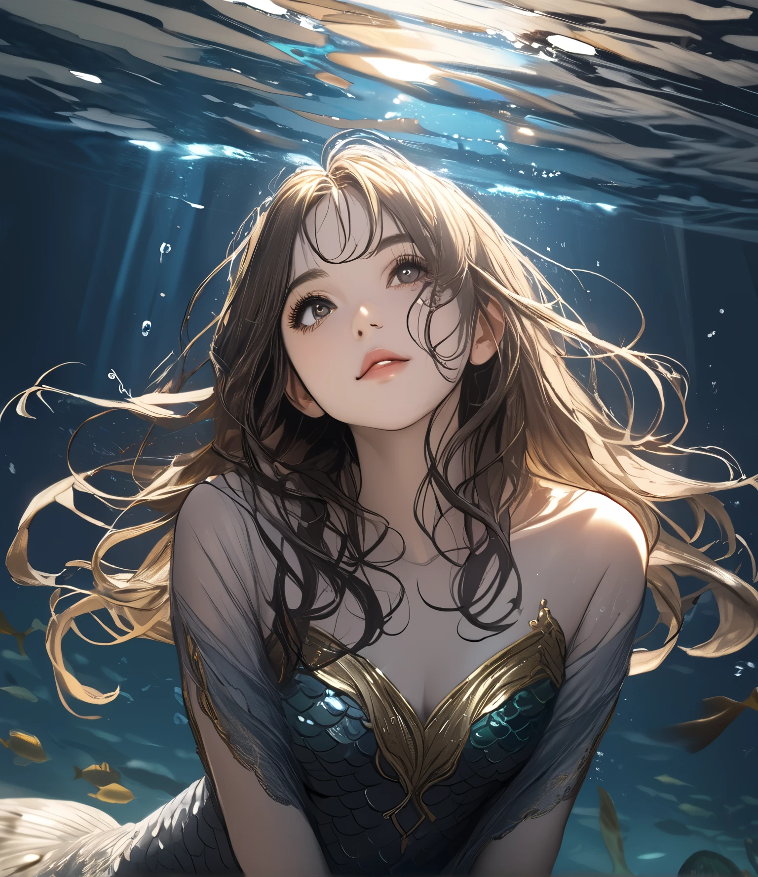 ((( Masterpiece)))、(( drawing 1girl ))、(((8k)))、(sketch),(shadow)、( beautiful sunlight shines in underwater),
(signature pose)、(dynamic pose),Age 18、((drooping eyes)),(Wisteria:0.1),((dark gray eyes)), (brown ash hair,gold highlight hair),(shaggy hair style),((hair covering one eye))
,smile,(from below), looks away、View the depth of the writing
,(mermaid),(mermaidの尾びれ)
(Top Quality I )、((high detail eyes)) ,((high detailed face)) 、 detail texture 、View the depth of the writing, (raise eyebrows) , fuzzy expression ,