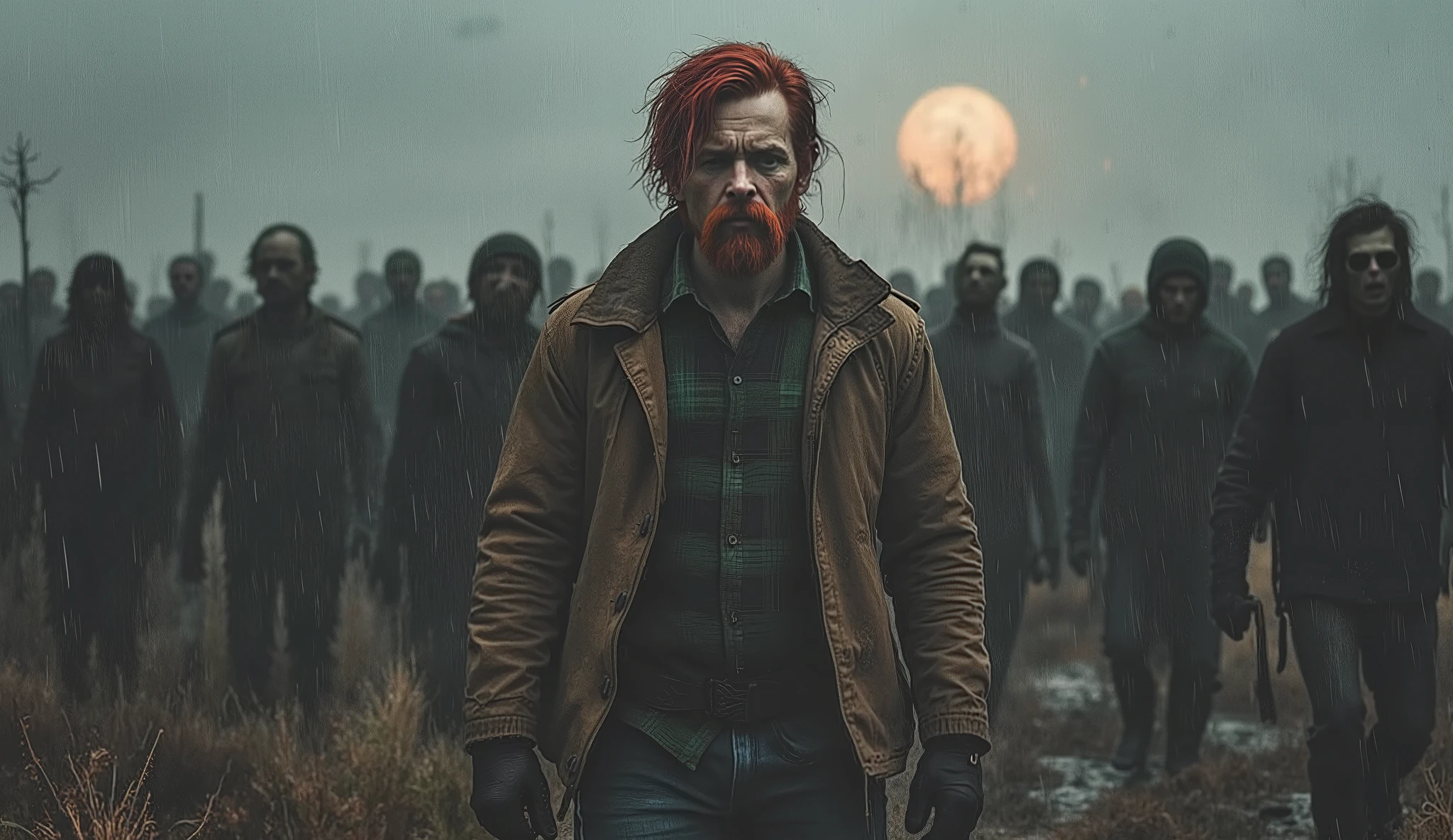 A man, 35 years old, redhead, military style hair, with a thin beard, big mustache ("black and green plaid shirt and a brown jacket on top") ("jeans and military boots"). "in a zombie apocalypse, the night is rainy, the moon is hiding in the clouds!