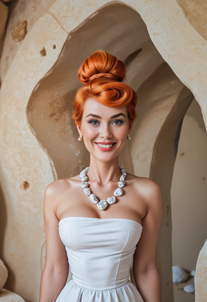 score_9, score_8_up, score_7_up, rating_explicit, source_cartoon, photorealistic, 1girl, solo, wilma Flintstone, orange hair, ponytail, single hair bun, beautiful face, a single-shoulder white dress featuring an accentuating silhouette and a 'torn', jagged hem, inviting, friendly, sensual <lora:add-detail-xl:1> <lora:Wilma_Flintstone_-_Pony_NSFW:0.7>