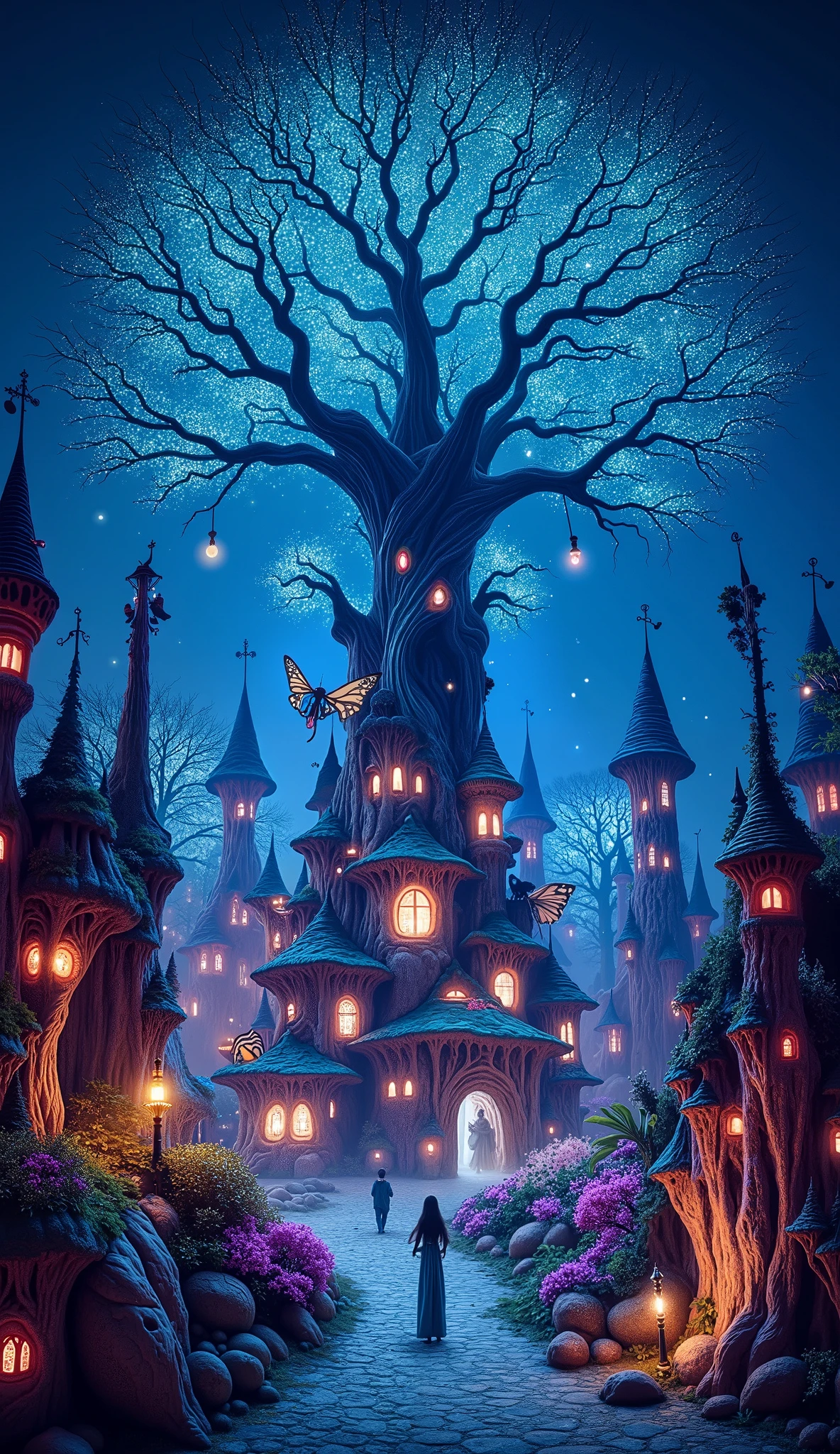 Land of Magical Dreams :1.5,  detailed enchanted tree of high quality ,  High resolution 8K ,  high saturation containing a magical kingdom, colorful,  illustration  , idyllic,  from a fairytale , adorable,  surrounded by bioluminescent fungi,  stalagmites , creepy