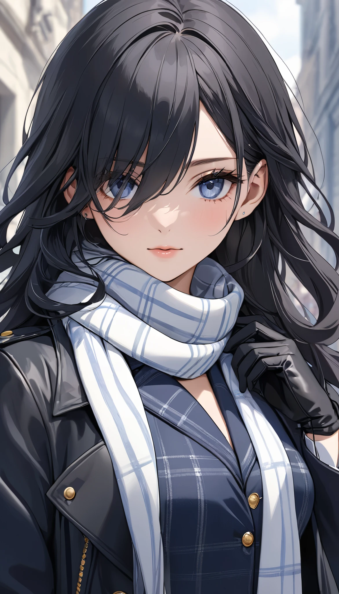 (((Best quality, 8k, Masterpiece: 1.3)), ((best quality)), Sharp focus A beautiful woman with perfect body, Highly detailed face and skin texture, (Detailed eyes), White scarf, navy blue wool long coat, Long wavy black hair, The hair on the right side is long enough to cover the right eye, The left side of the hair is tucked behind the left ear, She is wearing black leather gloves and has her left hand in her coat pocket, Glen check pattern light blue dress