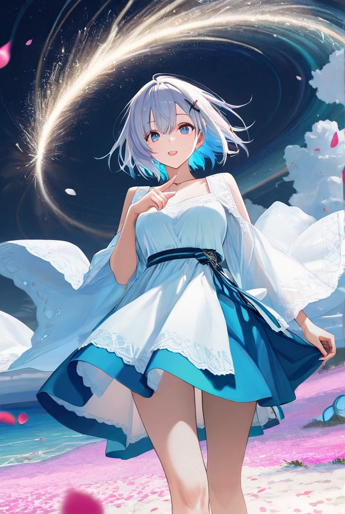 Plain white with emphasis on the chestTshirt、You can see the chest from the neck、Ultramarine and white striped mini skirt、When you lift up her skirt you can see her cute pink frilly underwear..、Fluffy, White frilly flared skirt、When she lifted her skirt, She found some cute red frilly underwear、barefoot、library、Three girls of different heights Magical girl with a magic wand、Wind and water magic、Black Magic Robe