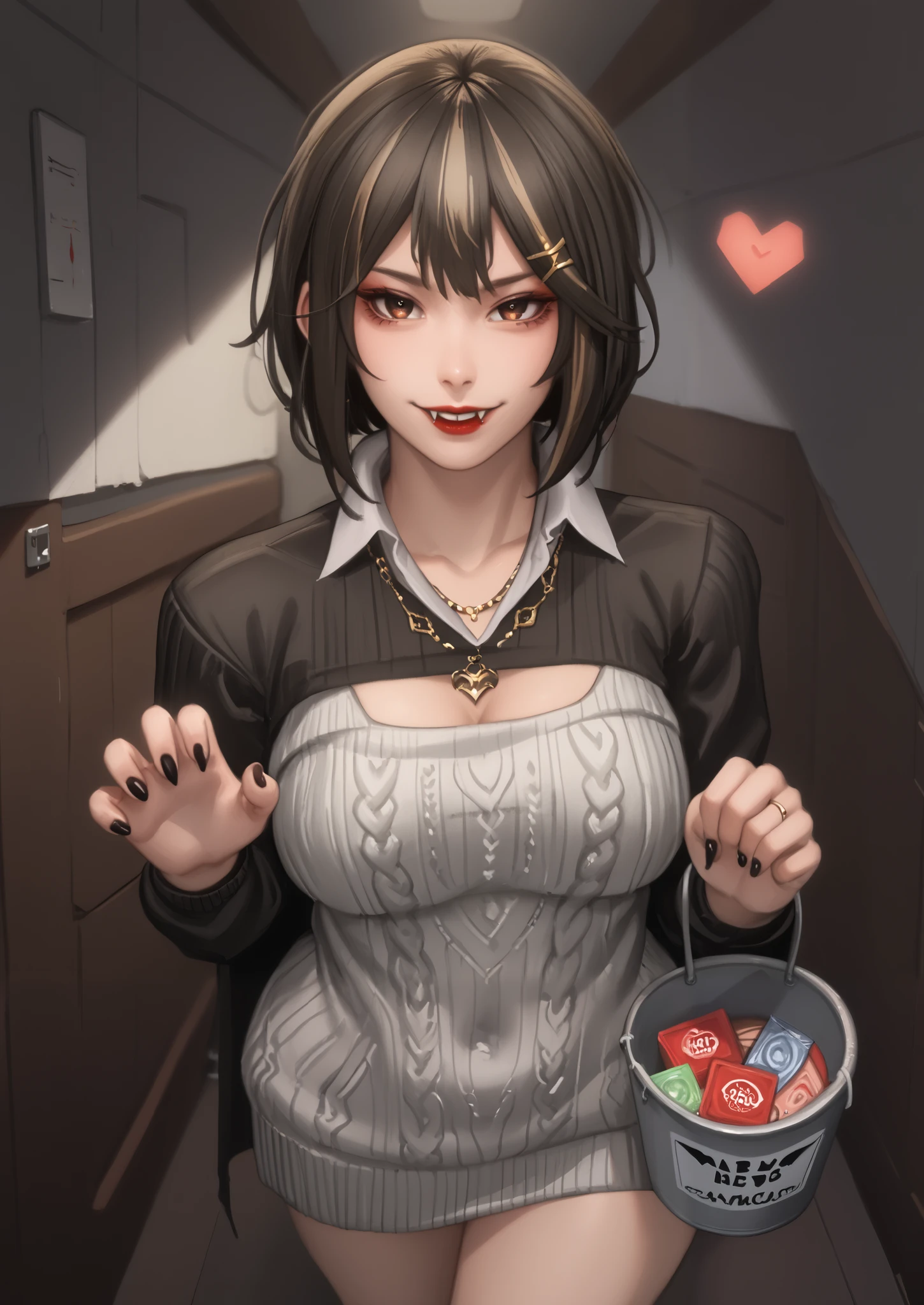 score_9, score_8_up, score_7_up, score_6_up, uncensored, agatha harmon, short hair, brown hair, black hair, hair ornament, brown eyes, streaked hair, hairclip, makeup, lipstick, red lipstick, large breasts, (voluptuous:1.3), (thick:1.3), BREAK UHD, retina, masterpiece, accurate, anatomically correct, textured skin, super detail, high details, high quality, award winning, best quality, highres, 4K BREAK, hearts, pleasured, 1girl, breasts, mature female, solo, navel, virgin destroyer sweater, necklace, standing, claw pose, holding bucket, halloween, looking at viewer, fangs, smirk, collarbone, condom, condom box, thighs, curvy, hallway, dim light, cape, black nails, 3d, cgi