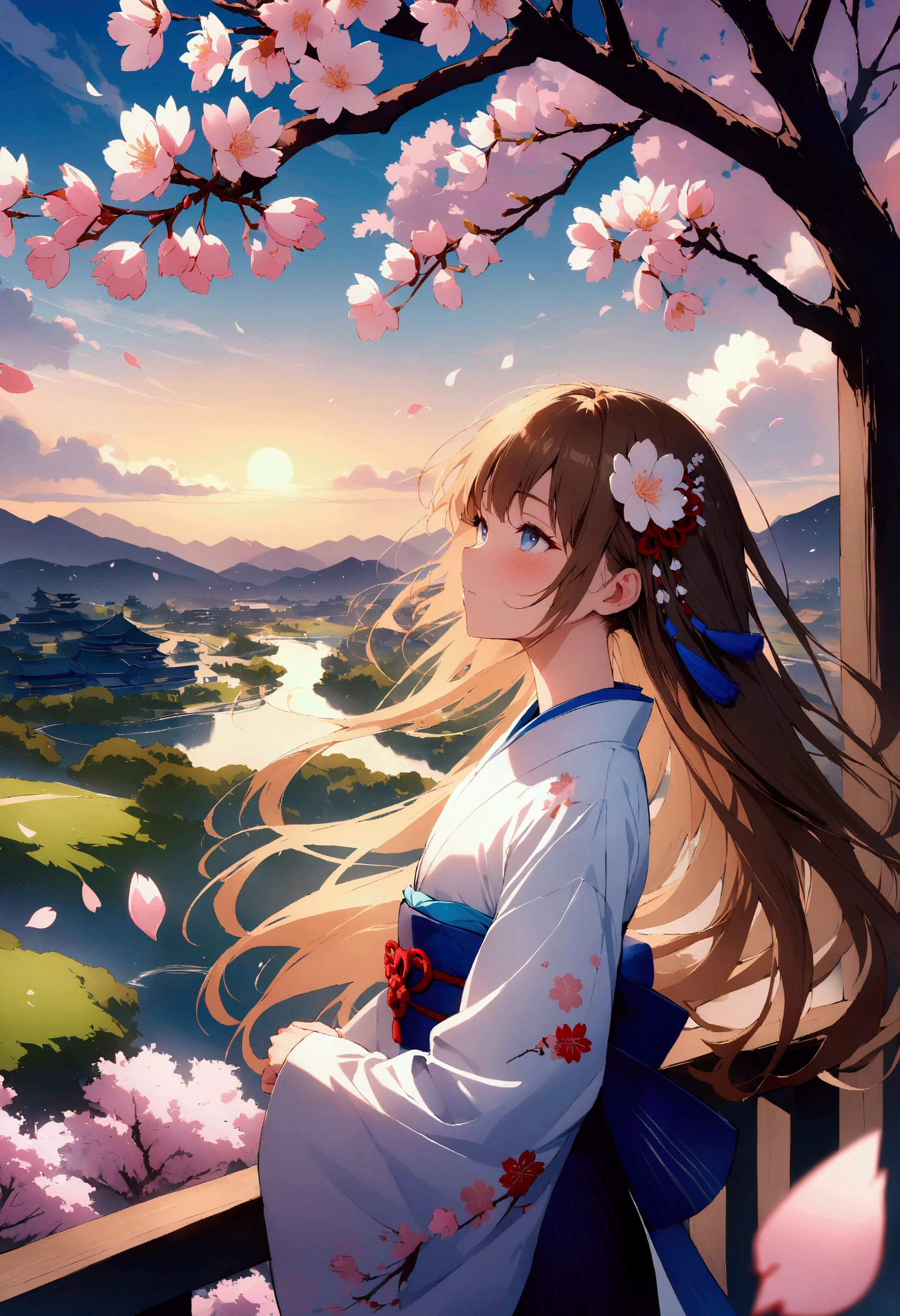 (masterpiece),(absurdres),(ultra detailed)、(((solo lady),(23-year-old),(dark blonde hair:1.2),(straight long hair:1.1),(()),shiny blue eyes,(()),(flat chest),(Kanzashi),( kimono embroidered with clouds:1.2),half-closed eyes,looking away:1.2,looking up,side view,wind,Cherry blossom park :1.1,Floating cherry blossoms petals:1.3,fish eye,long shot landscape:1.1,cowboy shot,