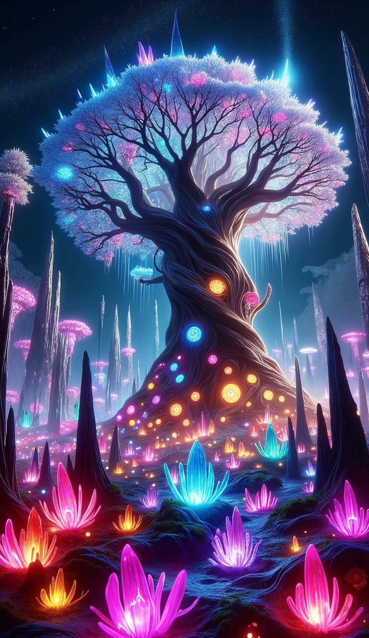 Land of Magical Dreams ,  detailed enchanted tree of high quality ,  High resolution 8K ,  high saturation containing a magical kingdom, colorful,  illustration  , idyllic,  from a fairytale , adorable,  surrounded by bioluminescent fungi,  stalagmites , creepy, 
