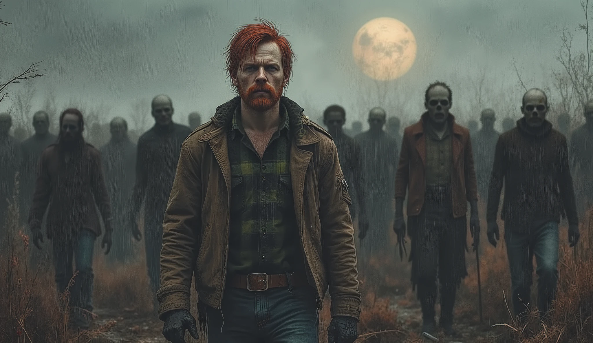 A man, 35 years old, redhead, military style hair, with a thin beard, big mustache ("black and green plaid shirt and a brown jacket on top") ("jeans and military boots"). "in a zombie apocalypse, the night is rainy, the moon is hiding in the clouds!