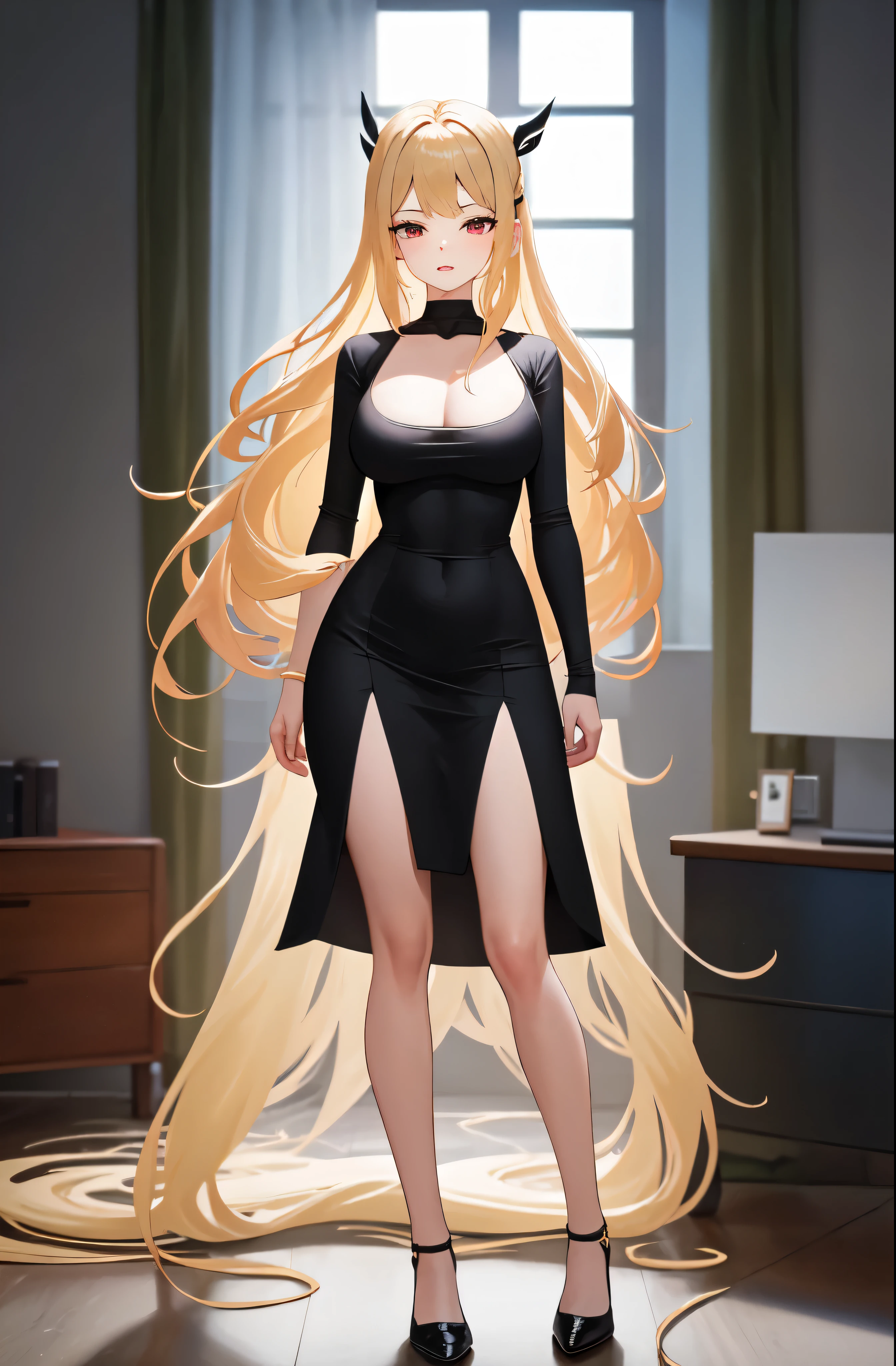 masterpiece, dress, black dress, Black dress, Black Dress, dongtan dress, Dongtan dress, Dongtan Dress, black dongtan dress, Black dongtan dress, Black Dongtan Dress, highres, Super detailed, very detailed, highest quality, best quality, super detailed, standing, high quality, high-definition, extremely detailed, (large breasts), mature female, Full body drawing, straight body, slender body, Slender body, Slender Body, (masterpiece), (best quality), (hyperdetail), (illustration), ((extremely delicate and beautiful)), (detailed light), (prefect's body), full body drawing, 1 girl, 1 Girl, one girl, One girl, One Girl, {{{{{long hair, Long hair, Blonde hair, blonde hair, blonde, Blonde, Red eye, red eye, Red Eye, binyeo, Binyeo}}}}}, sexy, sexy belly line