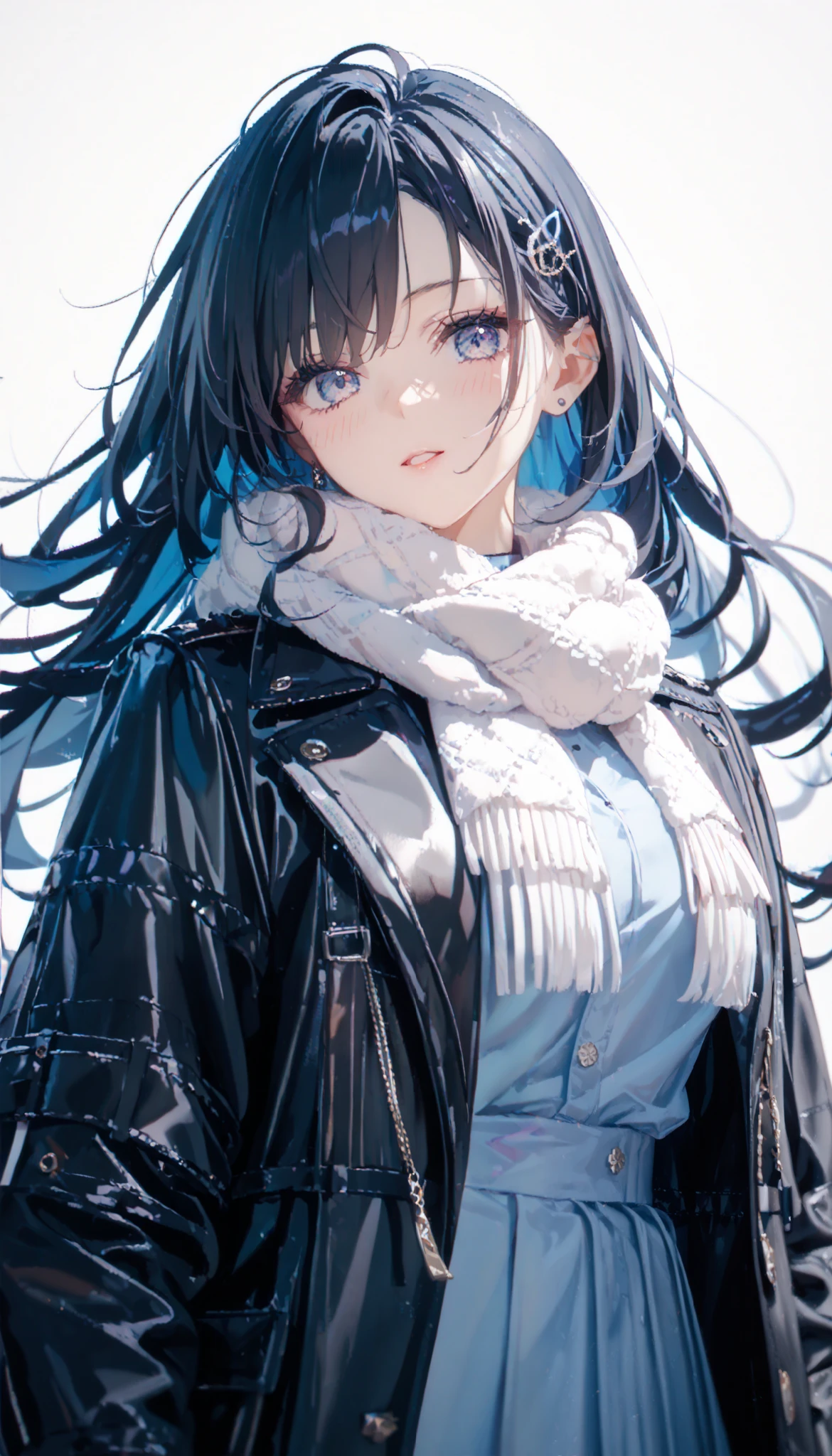(((Best quality, 8k, Masterpiece: 1.3)), ((best quality)), Sharp focus A beautiful woman with perfect body, Highly detailed face and skin texture, (Detailed eyes), White scarf, navy blue wool long coat, Long wavy black hair, The hair on the right side is long enough to cover the right eye, The left side of the hair is tucked behind the left ear, She is wearing black leather gloves and has her left hand in her coat pocket, Glen check pattern light blue dress