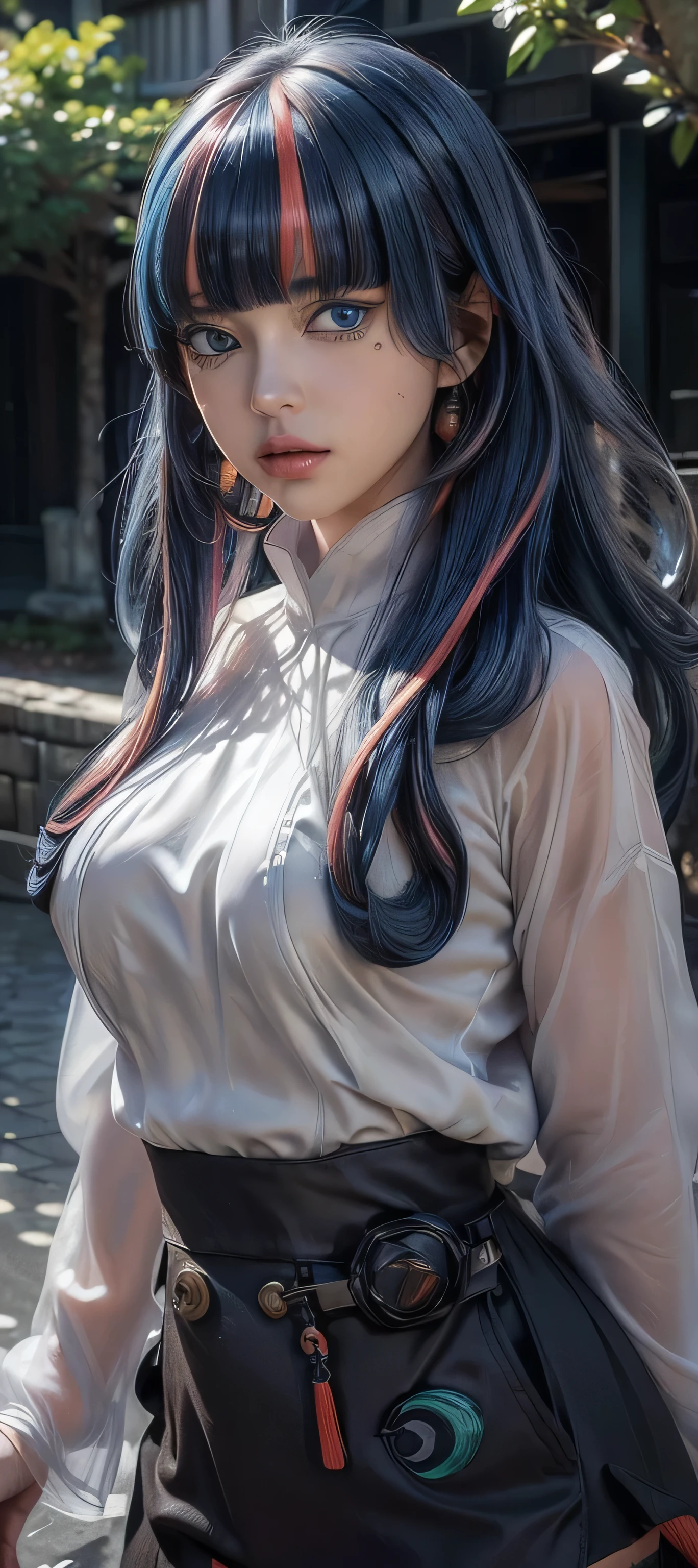 masterpiece, best quality, (realistic,photo-realistic:1.4), (RAW photo:1.2), extremely detailed CG unity 8k wallpaper, delicate and beautiful, amazing,finely detail, official art, absurdres, incredibly absurdres, huge filesize, ultra-detailed,extremely detailed eyes and face,light on face,hanabi hyuuga,(little smile),(multicolored hair:1.4),(long hair:1.4),(wearing genshin impact outfit:1.5), (blue eyes: 1.5),(fotest backgrounr:1.5),(big breast:1.3),(blunt bangs:1.3), l(white dress:1.4), long sleeve