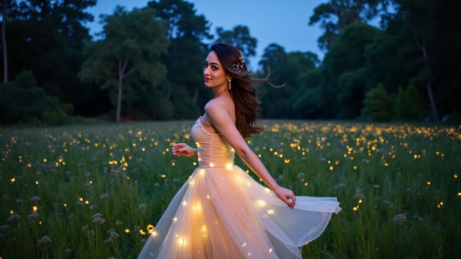 A woman in a translucent, glowing gown that shimmers like the night sky filled with fireflies. The dress flows like a soft breeze, with light accents that flicker and glow. Her hair is adorned with tiny glowing lights, giving her an ethereal, magical appearance. The scene takes place in an enchanted forest at dusk, where the fireflies surround her, creating an enchanting, dreamlike atmosphere as she dances through the illuminated landscape.