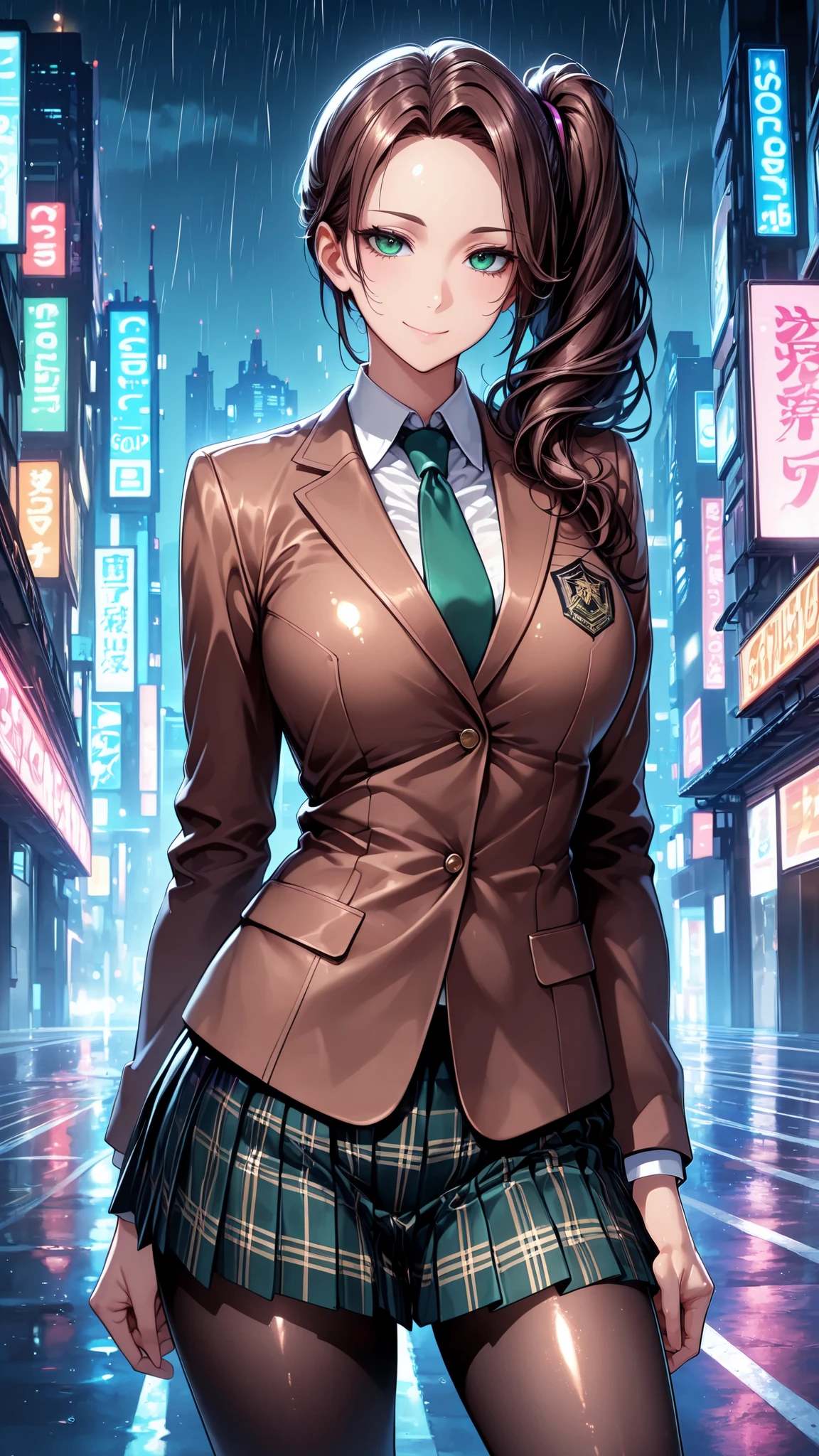 masterpiece, best quality, vibrant, very aesthetic, high contrast, anime style, realistic, newest, shiny skin,slender, cinematic-lightning, Enhance colors to maximum saturation, cowboy shot, high contrast, 1girl, detailed eyes, green eyes, slightly smile, detailed semi-long hair, dark brown silky hair, forehead, sliced back hair, side ponytail, contrapposto, Captivating thighs, uniform, brown blazers, Green tie, Plaid Pleated Skirt, black tights, rainy cyber city, at night