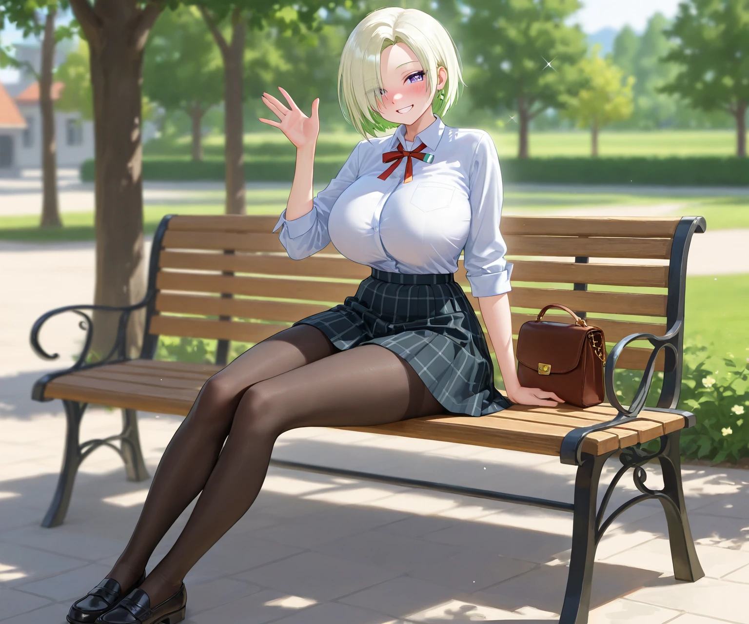 score_9, score_8_up, score_7_up,score_6_up, score_5_up, highly detailed, lighting and shadowing, light and shadow, high res, 1girl, sayla mass, gundam , opaque white shirt with tie, black (tight skirt:1.2), black thigh high stockings with garter belt, sitting on the bench in the crowded park, spreading thighs, eating a slice of lemon, sunlight coming through the window, giga_busty, detailed lace panties, (button_gap:-0.5), masterpiece, best quality, very aesthetic, absurdres