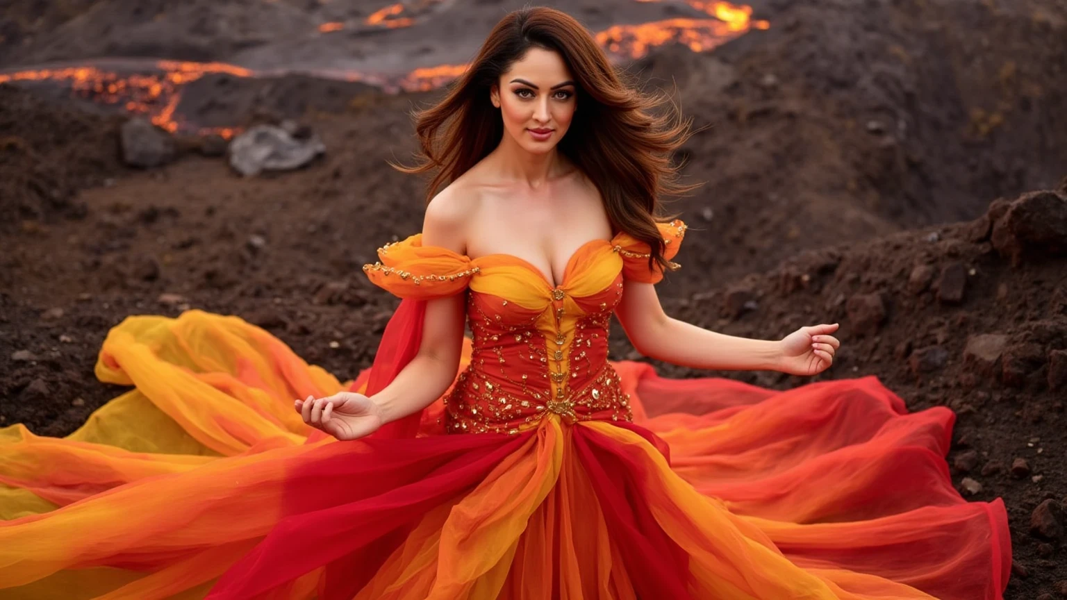 A woman clad in a gown made from swirling flames, the fabric constantly shifting between reds, oranges, and yellows, as if alive. Her long, fiery hair flows out in tendrils, resembling a serpent's coils. She stands in a volcanic landscape, with the background glowing with molten lava and ash, giving her an air of power and domination. Her gaze is fierce and intense, capturing the essence of a fiery ruler who commands the elements.