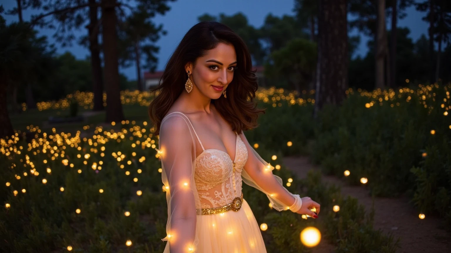 A woman in a translucent, glowing gown that shimmers like the night sky filled with fireflies. The dress flows like a soft breeze, with light accents that flicker and glow. Her hair is adorned with tiny glowing lights, giving her an ethereal, magical appearance. The scene takes place in an enchanted forest at dusk, where the fireflies surround her, creating an enchanting, dreamlike atmosphere as she dances through the illuminated landscape.