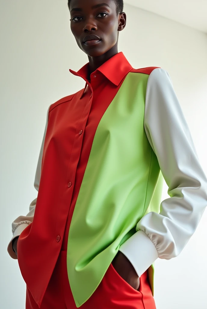 White shirt with green right sleeve and red left sleeve