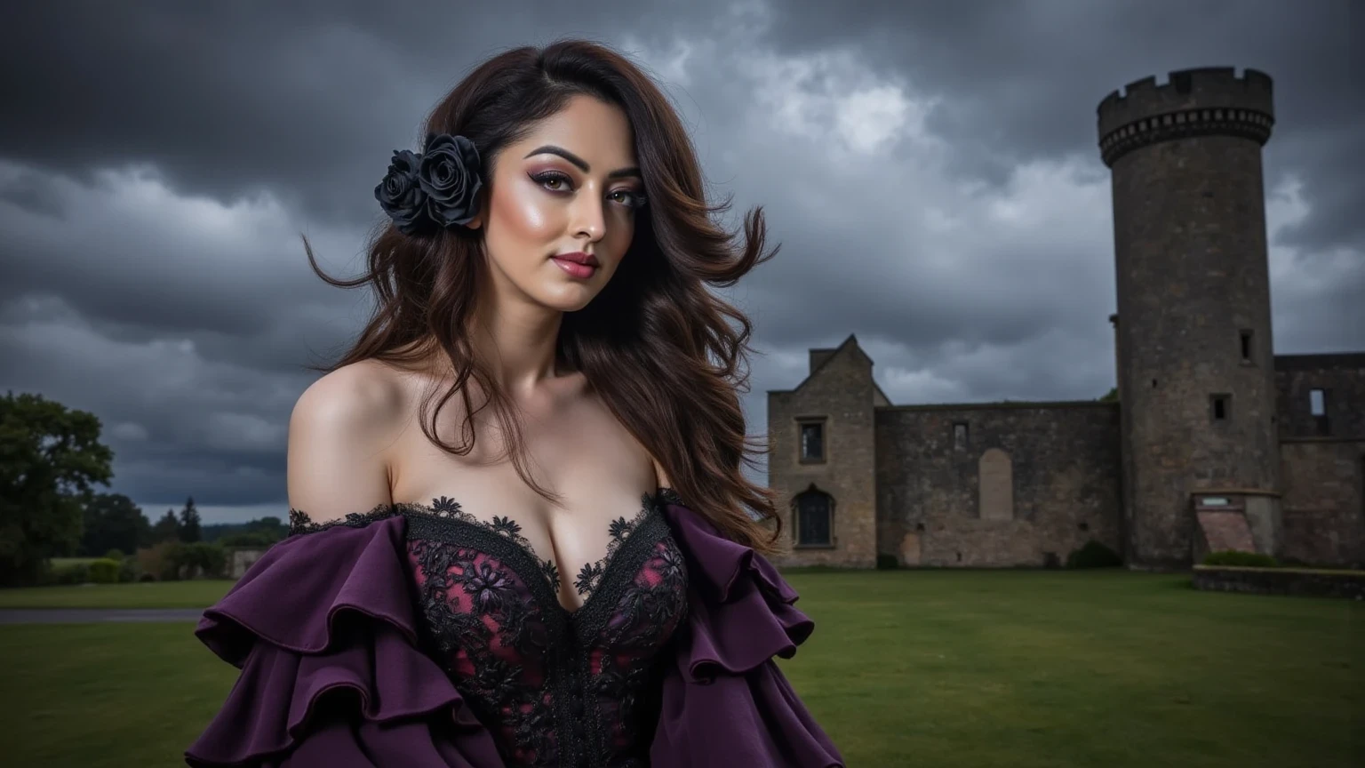 A woman dressed in an opulent, gothic gown made from deep blacks, purples, and reds, with lace and velvet textures. Her hair is styled in dramatic waves, with black roses scattered throughout. She stands in the shadow of a towering, crumbling castle, with a dark sky overhead and storm clouds swirling. The eerie yet regal ambiance surrounds her, as she gazes into the distance with a piercing and powerful stare, radiating authority and dark beauty