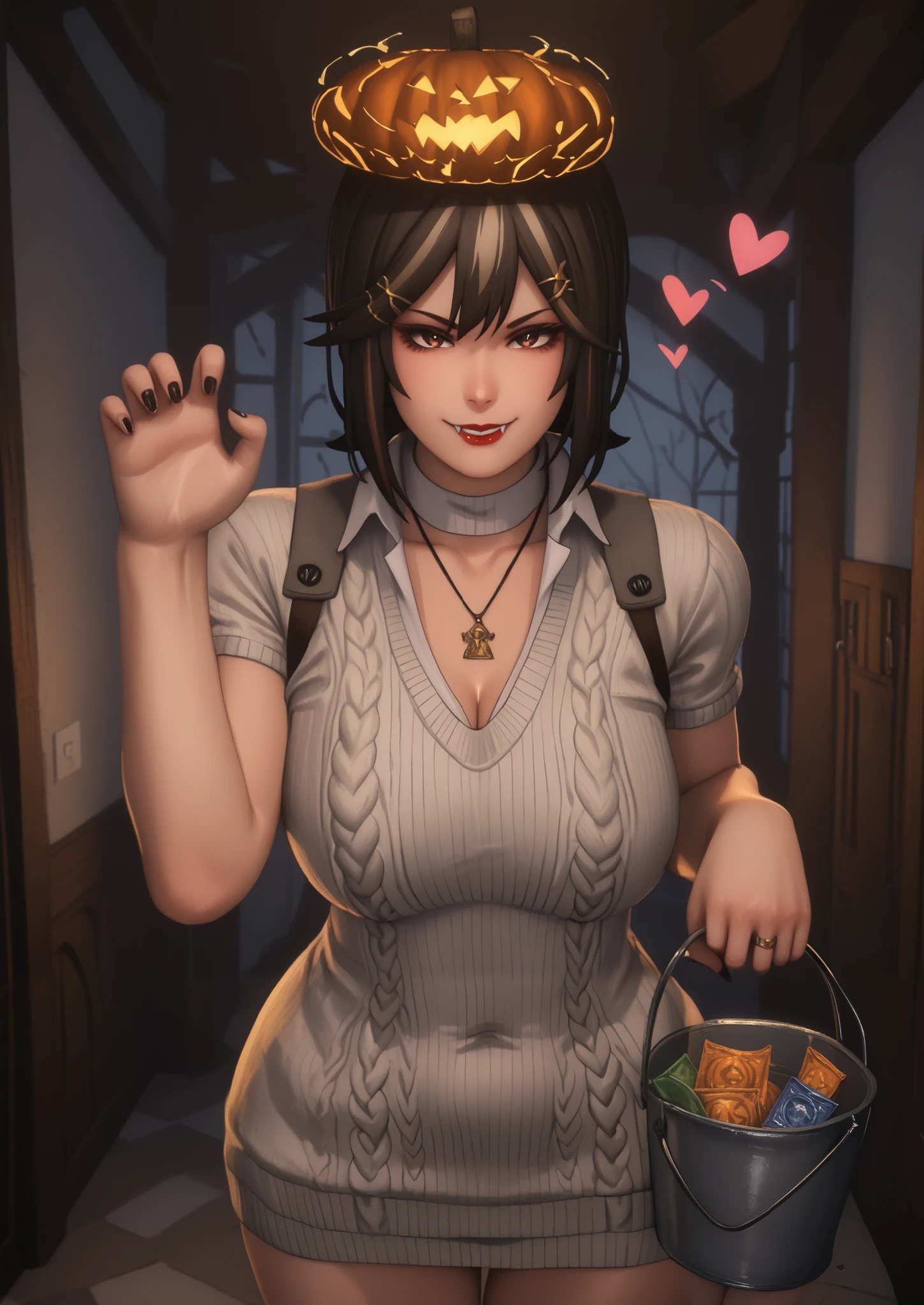 score_9, score_8_up, score_7_up, score_6_up, uncensored, agatha harmon, short hair, brown hair, black hair, hair ornament, brown eyes, streaked hair, hairclip, makeup, lipstick, red lipstick, large breasts, (voluptuous:1.3), (thick:1.3), BREAK UHD, retina, masterpiece, accurate, anatomically correct, textured skin, super detail, high details, high quality, award winning, best quality, highres, 4K BREAK, hearts, pleasured, 1girl, breasts, mature female, solo, navel, virgin destroyer sweater, necklace, standing, claw pose, holding bucket, halloween, looking at viewer, fangs, smirk, collarbone, condom, condom box, thighs, curvy, hallway, dim light, cape, black nails, 3d, cgi