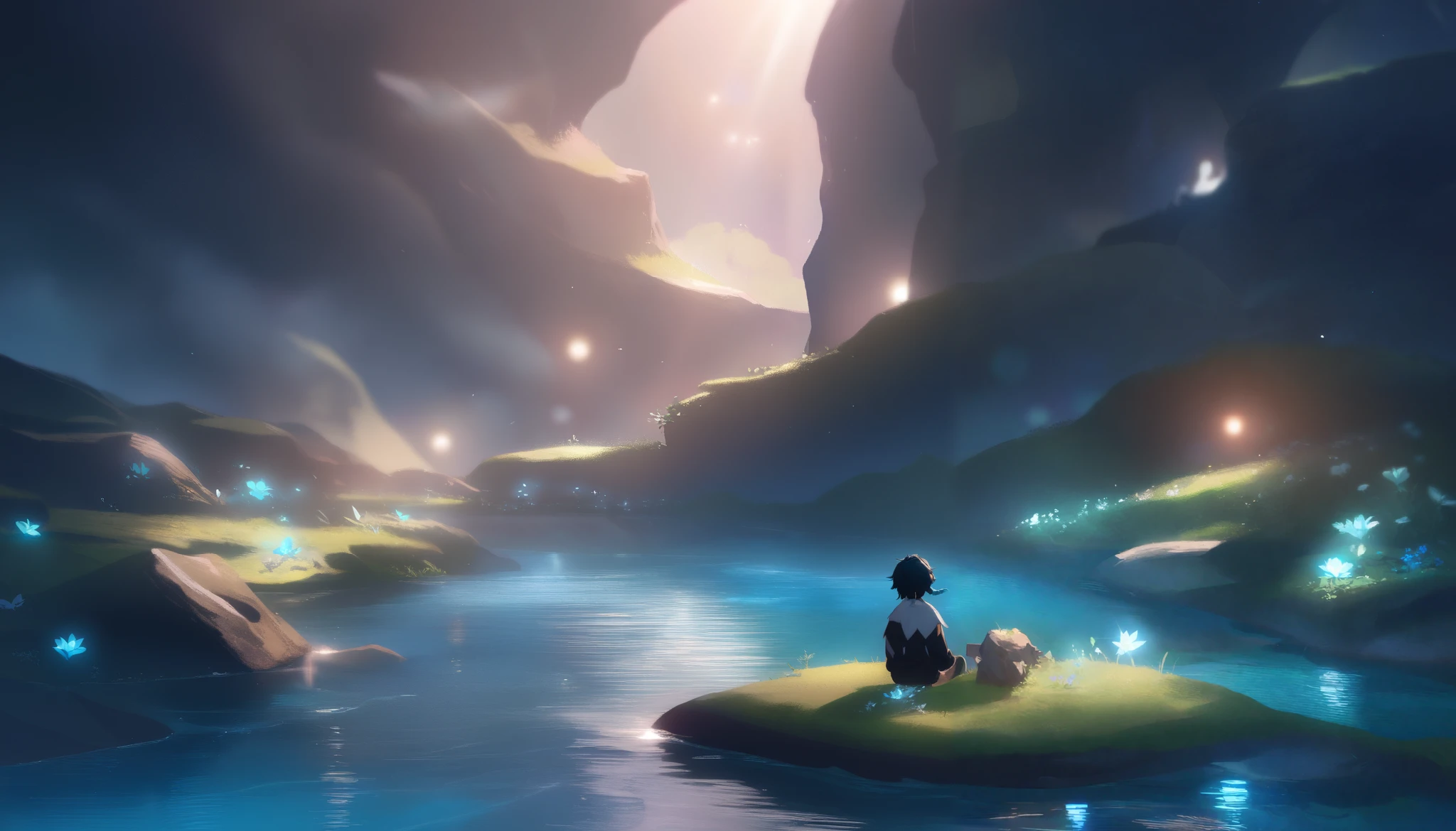 score_9,score_8_up,score_7_up,score_6_up, score_5_up, score_4_up, (masterpiece:1.2), (best quality:1.2), 1boy, venti, very aesthetic, newest, scenery, beksinski,nature, underground cavern with small creek and tiny wildflowers, bokeh, volumetric light, iridescent light, glowing flowers, iridescence, shimmering, light particles, light rays, wind, smile, sparkling pond, glowing crystals, desktop background