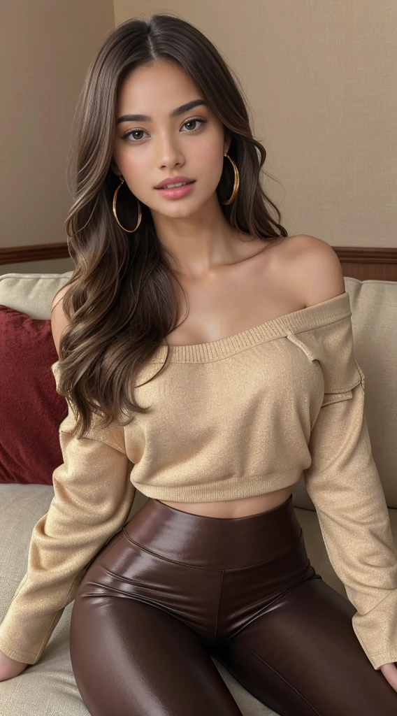 1 girl, alone, long hair, big breasts, looking at the viewer, blonde, bare shoulders, brown eyes, gem, whole body, necklace, off shoulder, sweater, realistic, Sexy、street snap、whole bodyコーデ、Latest Fashion