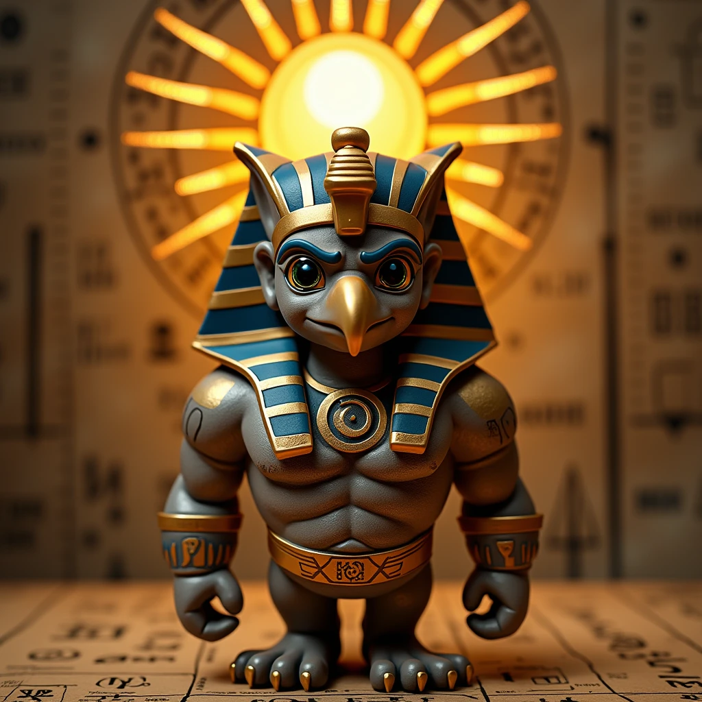 "Design a celestial-themed Egyptian mythology figurine of Horus, the Egyptian god of the sky, justice, and protection. with powerful, muscular humanoid body. Portray him as a powerful figure with a falcon's head, wearing the Double Crown of Upper and Lower Egypt. Surround him with symbols of his divinity, such as the Eye of Horus glowing with energy, golden rays of sunlight emanating from his right eye, and a crescent moon from his left. insert the engraving letter of 'hbar' on the Horus figurine. add a carve typography "hbar" labeled with lowercase elegant text in a celestial style. Use a background of an old script or mechanical blueprint. Add text, letter,typography, font hbar, hbar, hbar on Anubis figurine".