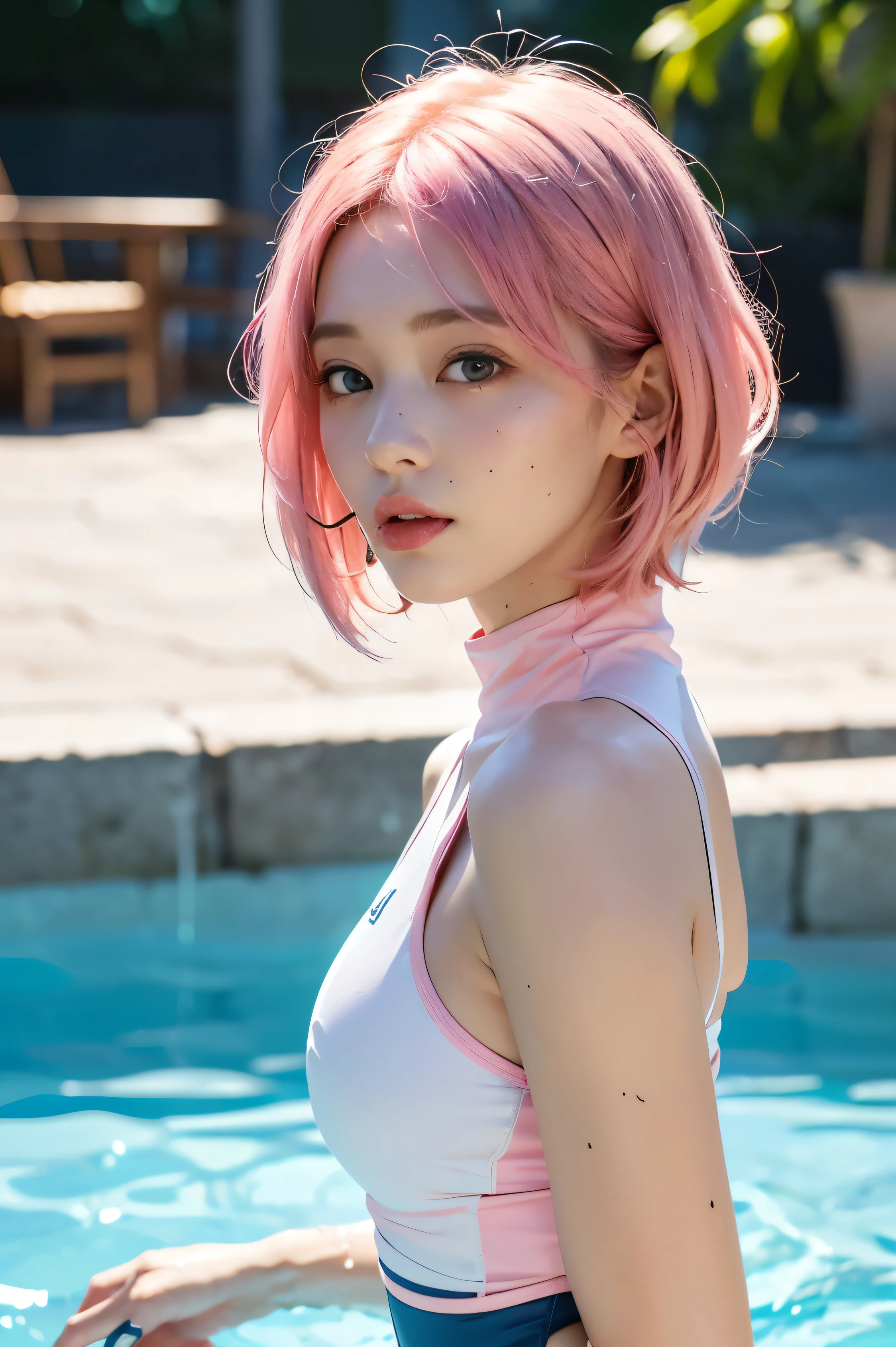 Very skinny and crunchy (( close your mouth))Droopy eyes((Pink Droopy Eyes))Place your left hand on your chest(( pink hair、 straight short hair ))White, beautiful, and smooth skin(Very large eyes) expressionless(high neck swimwear黄色ビキニ)Look at viewer from side、One beautiful woman、 cowboy shot、