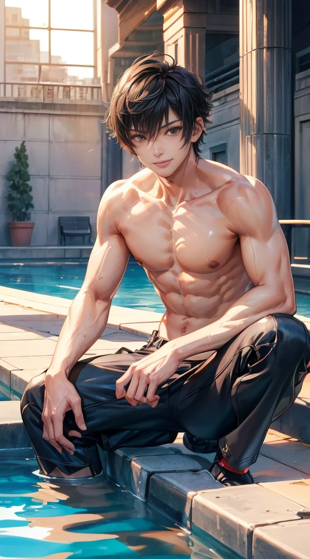brown skinned male character with rabbit ear head accessory a visibly fit athletic body shirtless wearing a black swim trunks