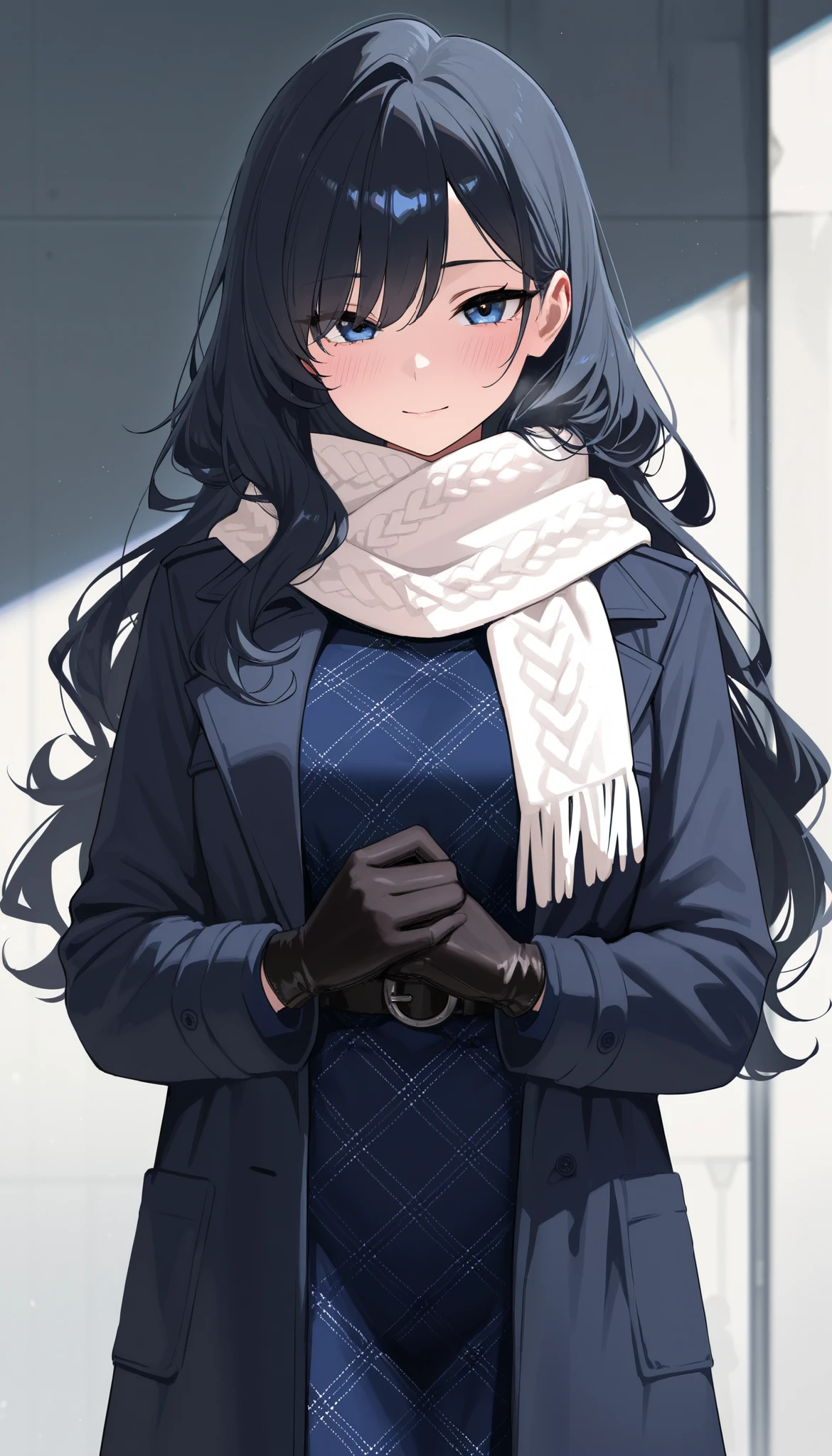 (((Best quality, 8k, Masterpiece: 1.3)), ((best quality)), Sharp focus A beautiful woman with perfect body, Highly detailed face and skin texture, (Detailed eyes), White scarf, navy blue wool long coat, Long wavy black hair, The hair on the right side is long enough to cover the right eye, The left side of the hair is tucked behind the left ear, She is wearing black leather gloves and has her left hand in her coat pocket, Glen check pattern light blue One-piece dress