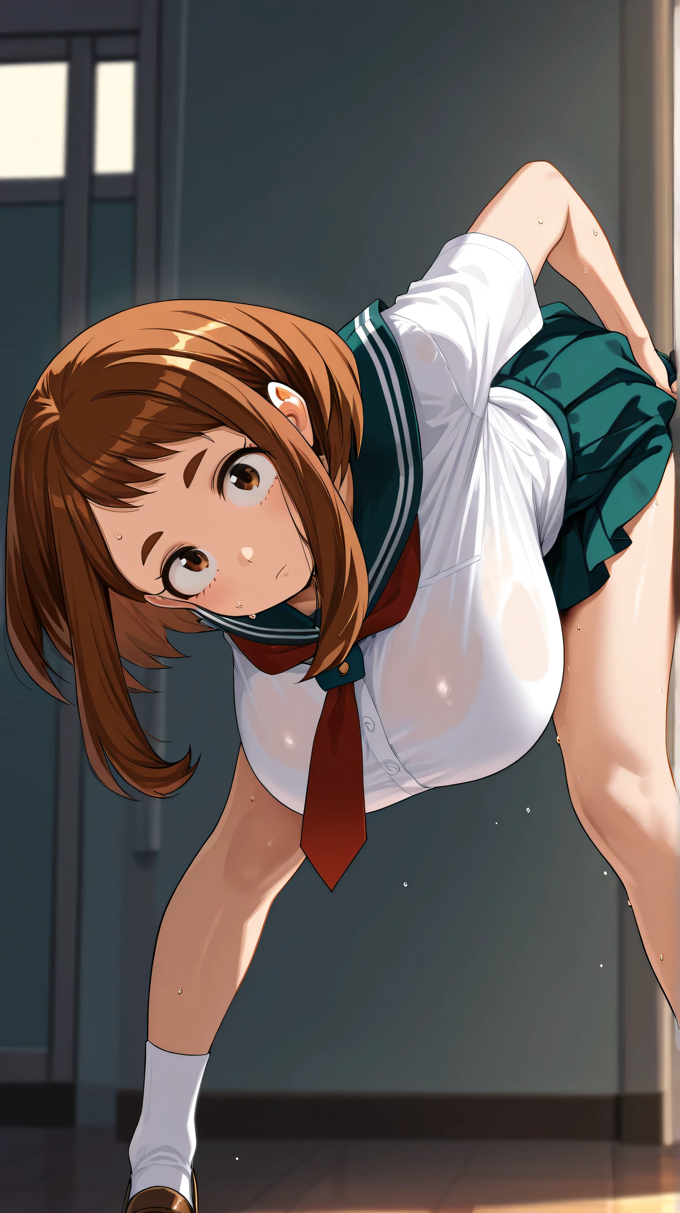 8k resolution, masterpiece, best quality, master quality anime illustrations, anatomy corrected, master details pupils, master details ears, dramatic lighting, Uraraka Ochako, (head tilt:1.3), expressionless face, leaning forward, view from bottom up, tall girl, long slender legs ,sweat, huge breasts, Uraraka Ochako((standing pinch thigh, school uniform with shorter skirt))