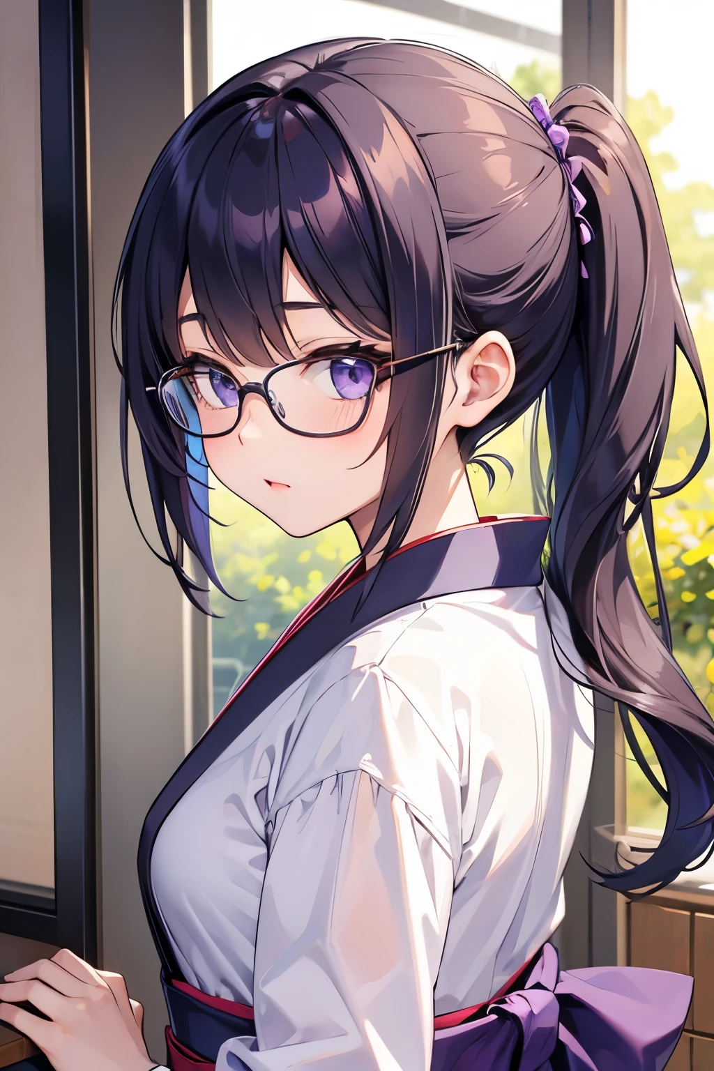 Purple Hakama、 and turn around、Girl with glasses、Honytail