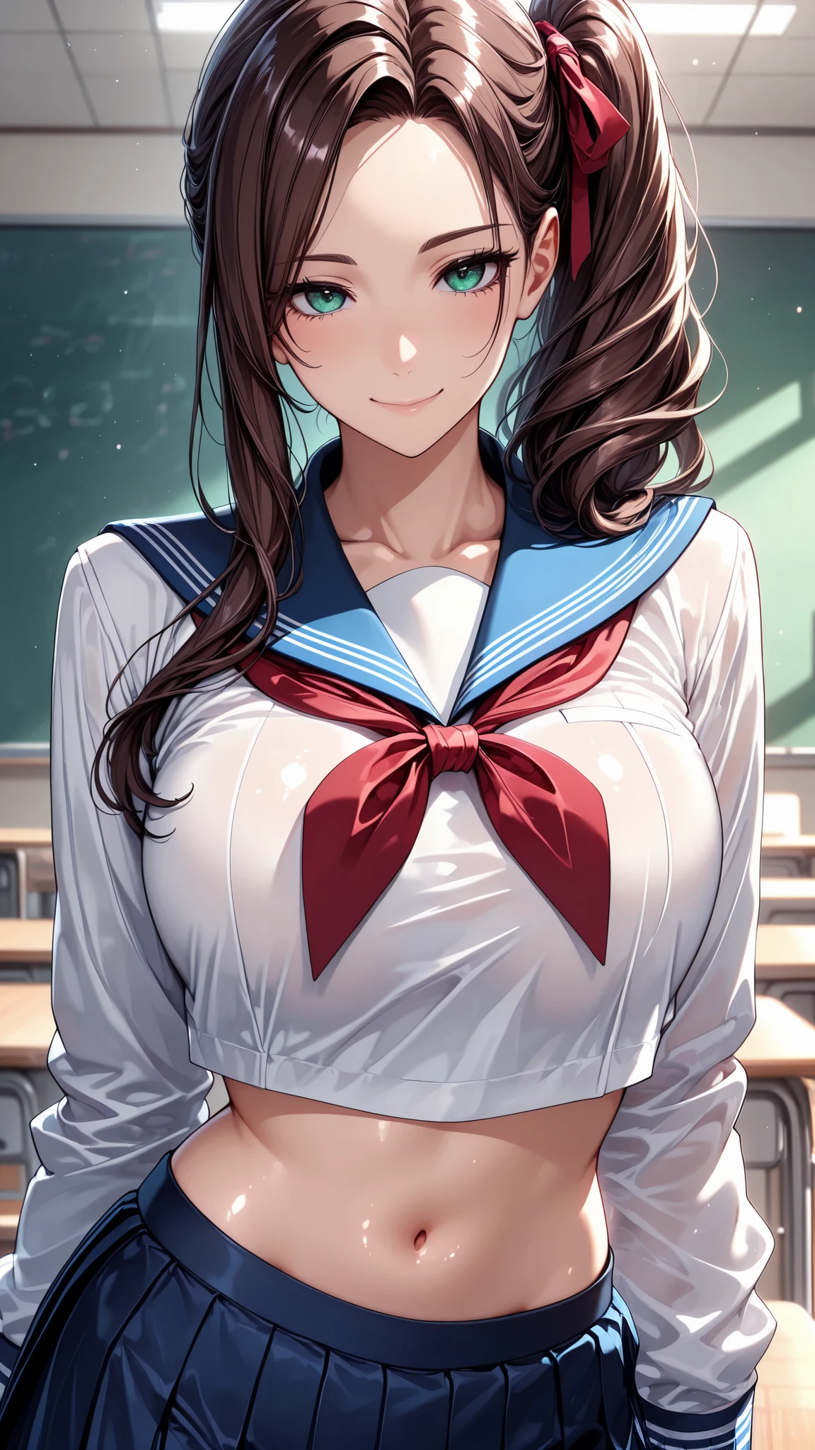masterpiece, best quality, vibrant, very aesthetic, high contrast, anime style, realistic, newest, cinematic-lightning, Enhance colors to maximum saturation, shiny skin, slender, 1woman, detailed face, detailed eyes, green eyes, slightly smile, semi-long hair, dark brown silky hair, forehead, sliced back hair, side ponytail, contrapposto, navel, Captivating thighs, knee, classroom, (sheer crop top white shirt), sailor suit,blue pleated skirt, red ribbon tie