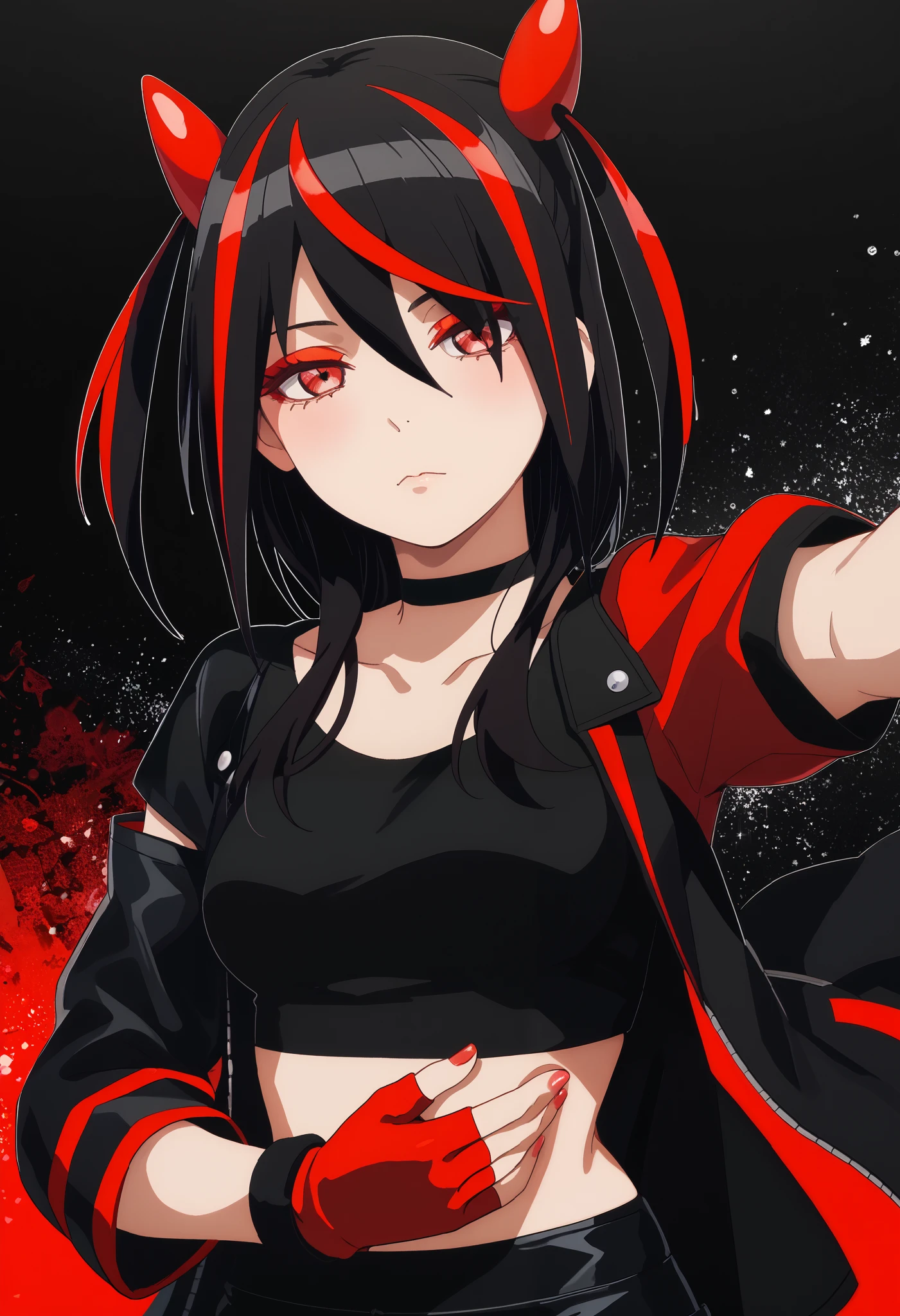 Score_9, Score_8_up, Score_7_up, bright skin: 0.1, anime_source, deep skin, high quality, high resolution, (curvy), ((wide hips)), medium breasts, cute, sexy, 1 girl, BREAK HaneruEmi, HaneruEmi, long hair, black hair, red highlights, red eyeshadow, red eyes, spiky hair, hair between eyes, side locks, black crop top, open jacket, black leather jacket, horns, choker, gold bracelet, black leather pants, red gloves, fingerless gloves, red footwear, white footwear, two-tone sneakers, black stockings, abdomen, looking at viewer, upper body, expressionless, half-closed eyes, androgynous, shadowed face, mischievous face, arm outstretched, hand outstretched, manual focus, grabbing, approaching viewer,
abstract background, dark theme, light particles, light rays, red and black color palette, soft lighting,