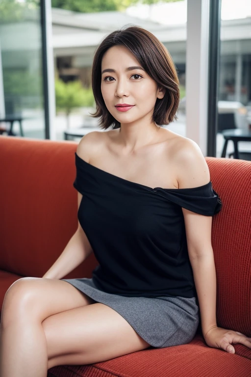 ((Best Quality, 8k, Masterpiece, Portrait: 1.3)), (looking at viewer),Photorealistic, Sharp Focus, Solo, Japan Milf, Beauty, Clothes with Cleavage View, 30 Years Old, Wavy Hair, Wrinkles at the Corners of the Eyes, ((Open your legs wide:1.5, Sit one knee up:1.5, show crotch)), (loose waist:0.5), darkness nobody room,