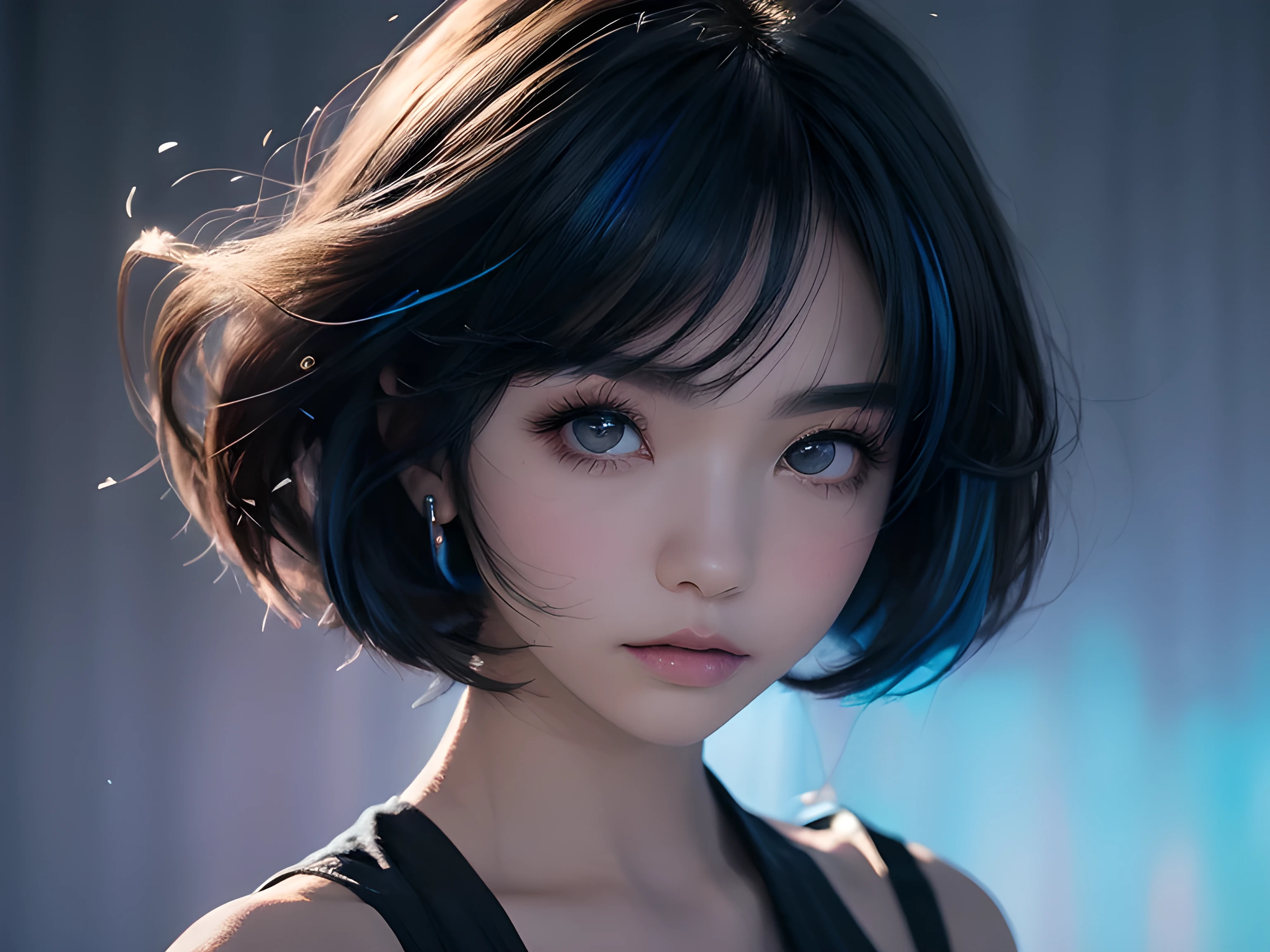 "An anime-style portrait of a young woman with short, straight black hair with blue streaks at the ends. She has a calm yet slightly melancholic expression, with sharp eyes and subtle makeup. She wears a loose black top, and the background is a solid soft blue, minimal and clean, focusing attention on the character's face and hairstyle."