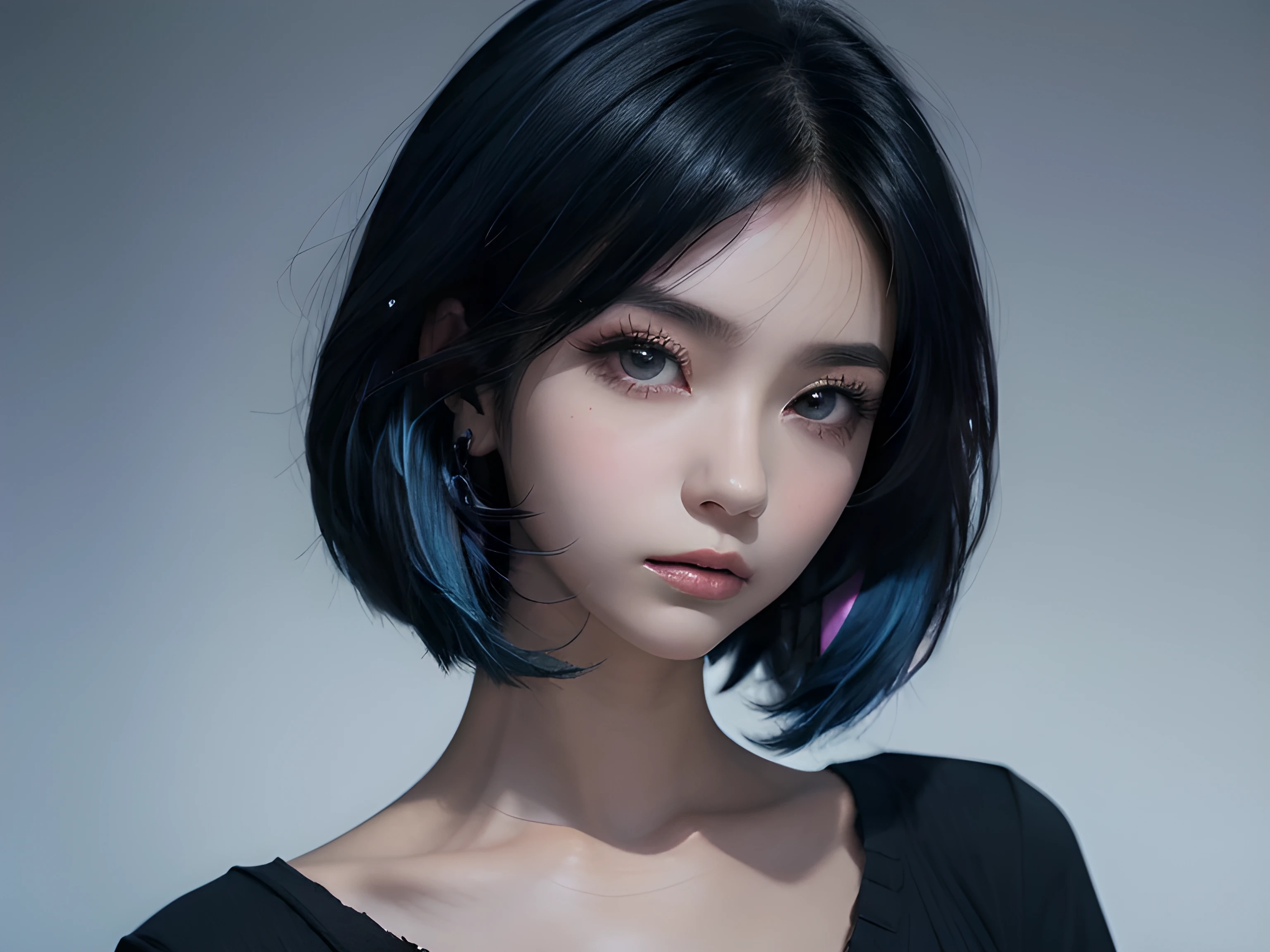 "An anime-style portrait of a young woman with short, straight black hair with blue streaks at the ends. She has a calm yet slightly melancholic expression, with sharp eyes and subtle makeup. She wears a loose black top, and the background is a solid soft blue, minimal and clean, focusing attention on the character's face and hairstyle."