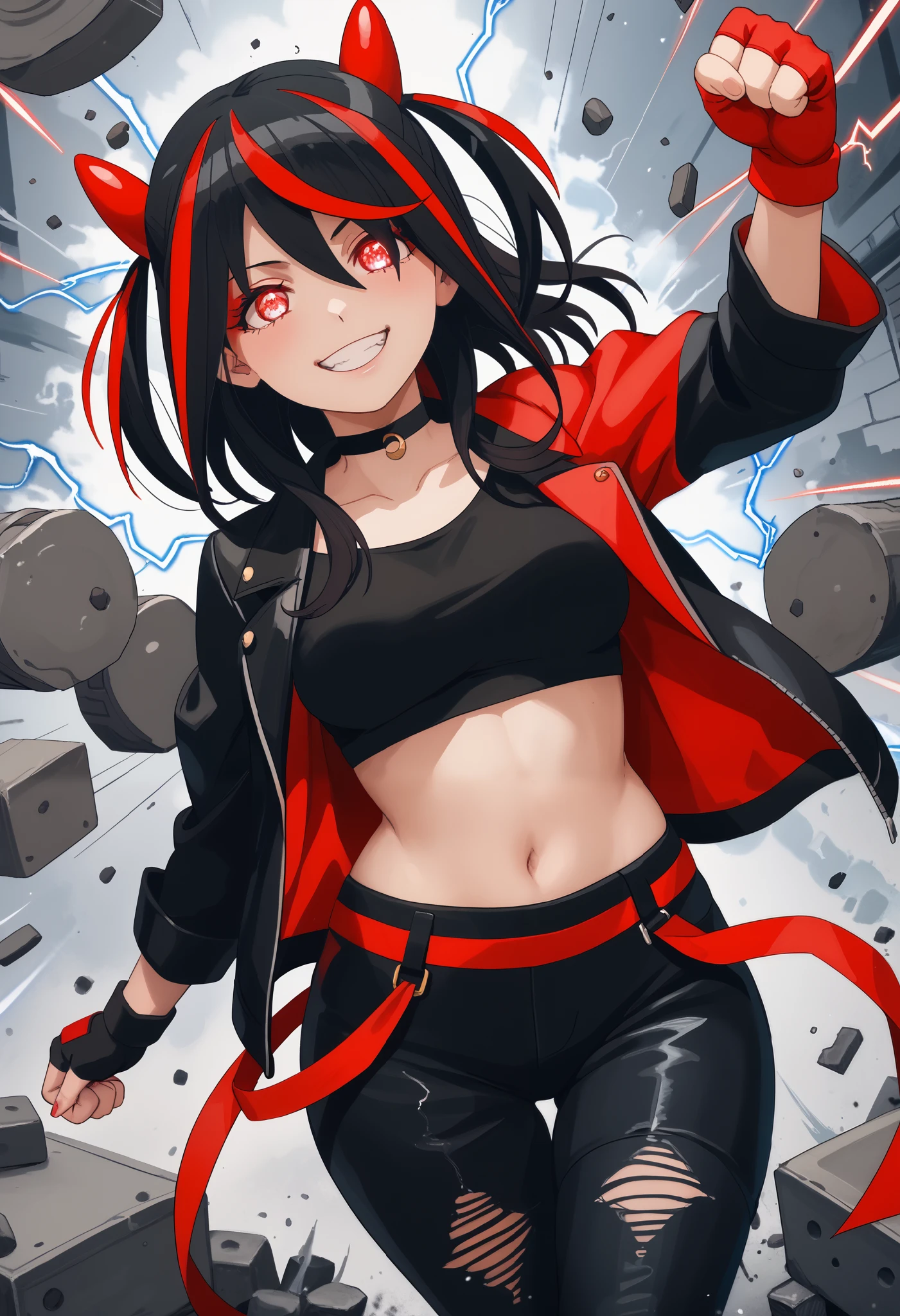 Score_9, Score_8_up, Score_7_up, bright skin: 0.1, anime_source, deep skin, high quality, high resolution, (curvy), ((wide hips)), medium breasts, cute, sexy, 1 girl, BREAK HaneruEmi, HaneruEmi, long hair, black hair, red highlights, red eyeshadow, red eyes, spiky hair, hair between eyes, side locks, black crop top, open jacket, black leather jacket, horns, choker, gold bracelet, black leather pants, red gloves, fingerless gloves, red footwear, white footwear, two-tone sneakers, black stockings, abdomen, smile, incoming attack, incoming punch, clenched hand, glowing eyes, electricity, motion lines, dynamic pose,
concrete, abstract background, light particles, dust,
