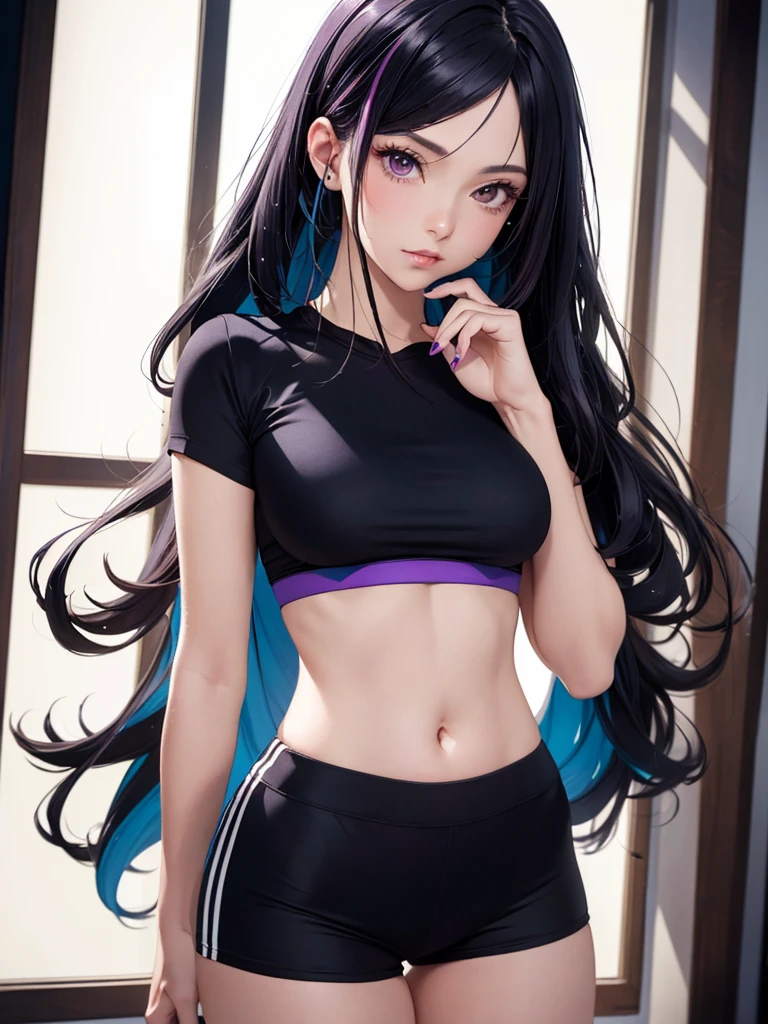 ((highest quality)),(ultra high resolution),(Super detailed), (best work of art), (1 young girl:1.5), beautiful and well-shaped face:1.5,(Beautiful skin with precise and detailed depiction:1.6),(sports bra and waist band nylon shorts ),gorgeous, masterpiece, best quality, high-resolution, finely detailed, extremely detailed and beautiful, distinct-image, hourglass figure,, 1 girl, 18 year old teenager, solo, sharp facial features, oval shaped face. cherry red lips,. velvet-colored eyes, C-cup breasts, tall height(175cm), slim curves, toned body type, flowing waist length ink-black dark violet hair, small narrow waist, long and slender legs, curvy wide hips, modern athletic setting, lightly tanned white skin
