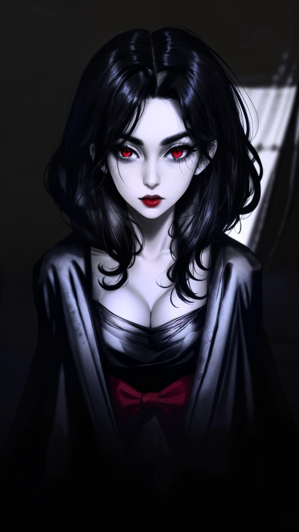 DigiArt Style, 1girl, solo, looking at viewer, black hair, monochrome, greyscale, earrings, red lips, BREAK, large snoopy breast,deep eyes, petals, eyelashes, makeup, portrait,black kimono, cleavage , dark fantasy, dark colors, beautiful,