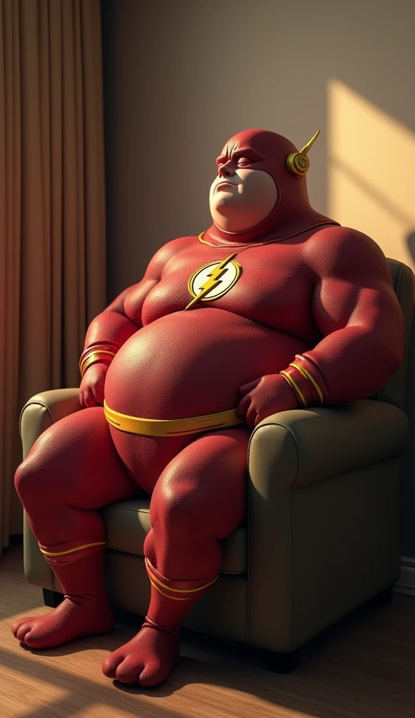 Big dragon with sporty big belly lies on sofa in tight running suit
