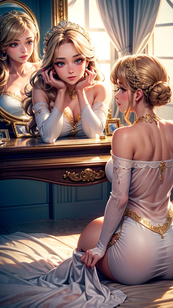 European castles in the distance、The face is front、Looking at the camera、profile、8K、realphoto、超A high resolution, Master Parts, Best Quality, nffsw , cinematic images,Lovely girl、ann、16 only、Anglo-Saxon、二重まぶた、drooing eyes、Very big eyes、Eyes purple、Dark eye shadow、The lips are very thin、The tip of the nose stretches beautifully................................................、the tip of the nose is small,,,,, ighly detailed , Silver hair、Straight short hair、ssmile、 Sweet look 、a very beautiful woman、legs are long、 Very clear shadows , jewely , A sexy , A detailed eye, very intricate, shiny skins , Perfect Brilliant, Perfect Lighting, Dramatic shadows、White tiara on head、Gold necklace around the neck、White aristocratic dress with gold embroidery、