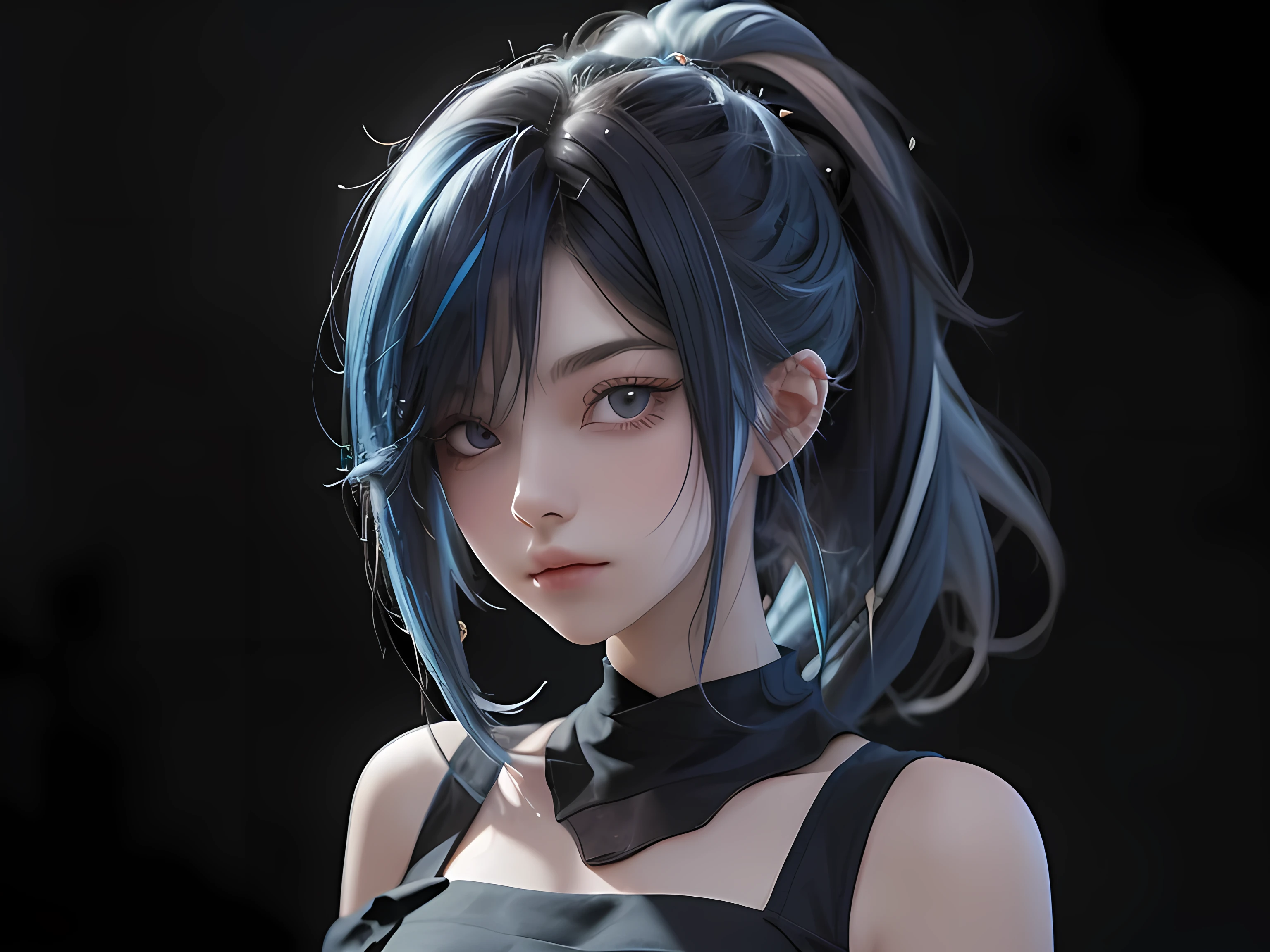 "An anime-style portrait of a young woman with short, straight black hair with blue streaks at the ends. She has a calm yet slightly melancholic expression, with sharp eyes and subtle makeup. She wears a loose black top, and the background is a solid soft blue, minimal and clean, focusing attention on the character's face and hairstyle."