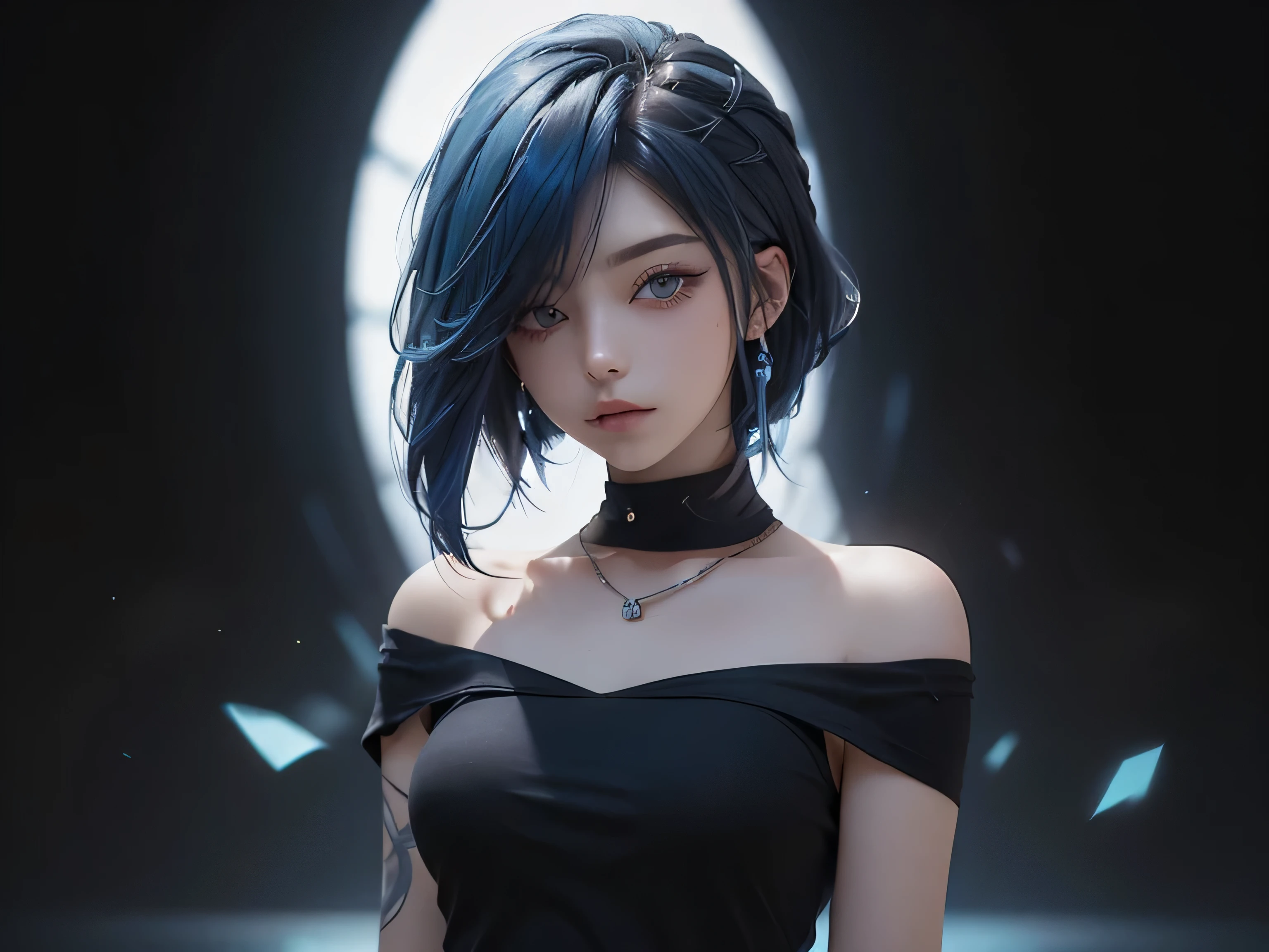 "An anime-style portrait of a young woman with short, straight black hair with blue streaks at the ends. She has a calm yet slightly melancholic expression, with sharp eyes and subtle makeup. She wears a loose black top, and the background is a solid soft blue, minimal and clean, focusing attention on the character's face and hairstyle."