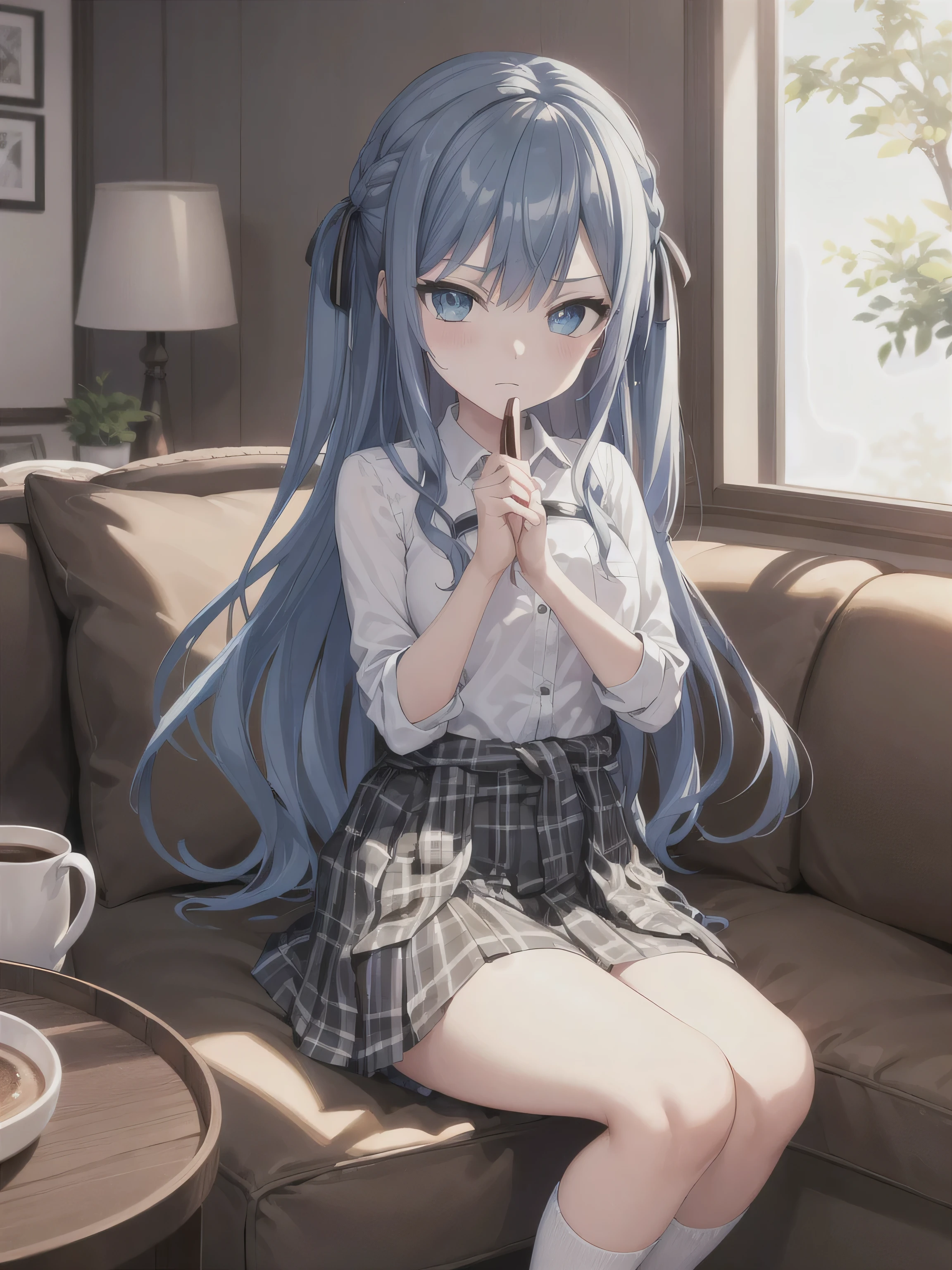 A woman with beautiful gray hair, sharp eyes, fierce, Korean style, wearing underwear, holding a rose in her mouth. Sitting in a charming pose on a chair in the house, by the window.