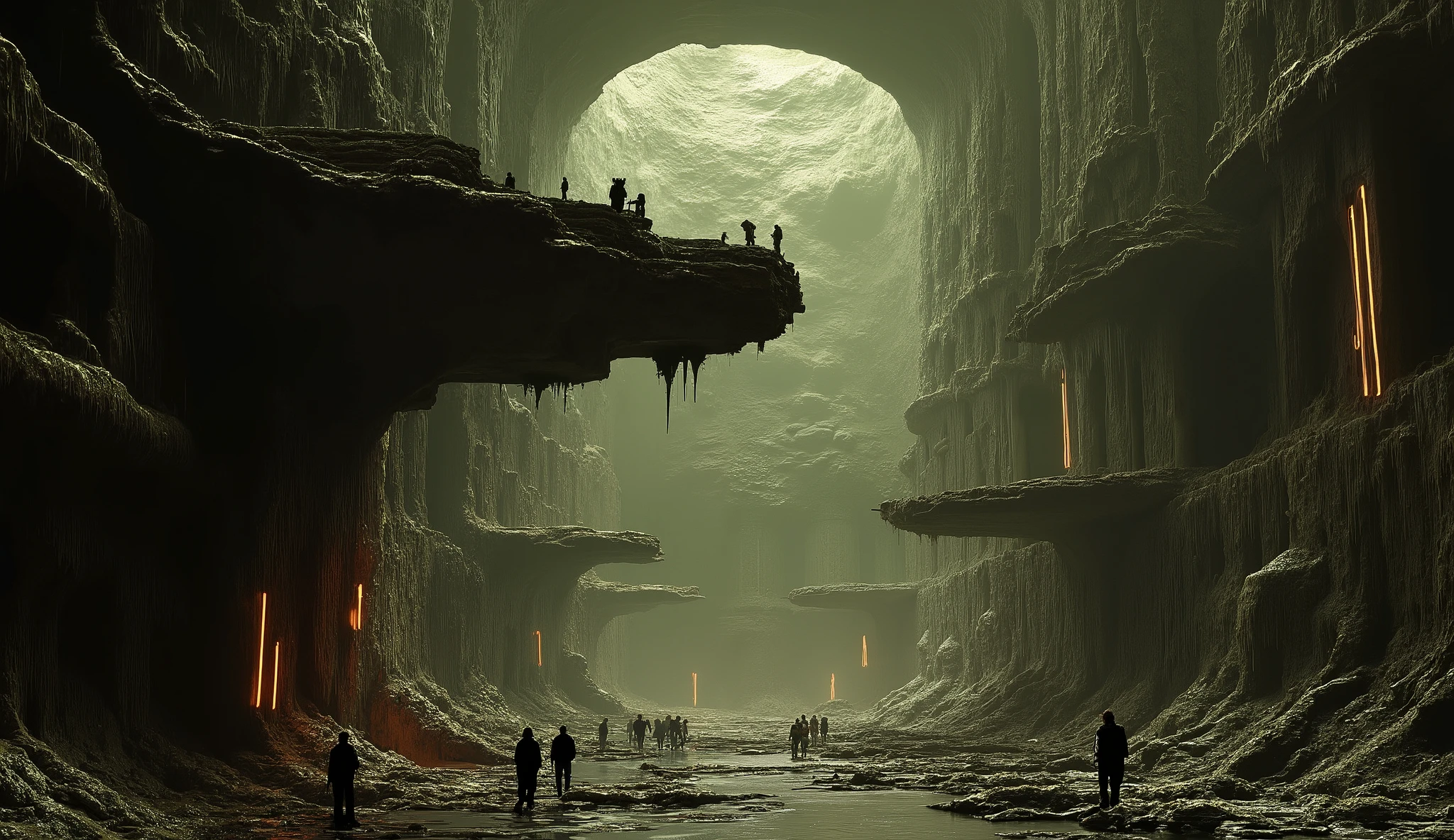 A post-apocalyptic underground city, built to shelter humanity after a devastating disaster rendered the surface uninhabitable. The atmosphere is both haunting and mesmerizing, blending despair and resilience. The setting is illuminated by bioluminescent fungi and artificial neon lights, casting eerie glows on massive steel and stone structures. Gigantic caverns house a labyrinth of interconnected tunnels, with suspended walkways and platforms crisscrossing the void. The architecture is a mix of futuristic technology and repurposed industrial remnants, with towering columns supporting the weight of the collapsed surface above. People move about in survival gear, their faces etched with determination, while autonomous drones and robots maintain essential systems. The air is thick with moisture and the hum of machinery, as humanity struggles to adapt and thrive in this harsh yet innovative environment.
